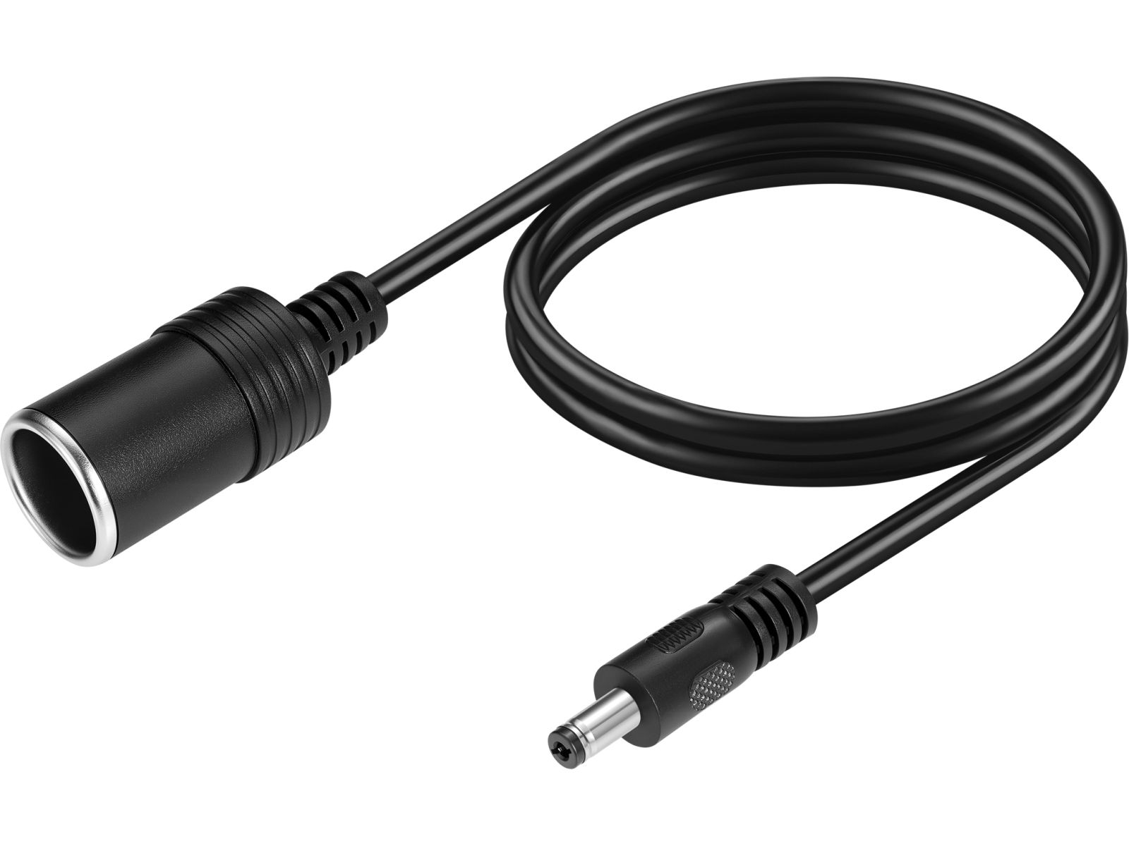 Ein schwarzes Stromkabel mit einer Zigarettenanzünder-Buchse und einem runden Stecker.