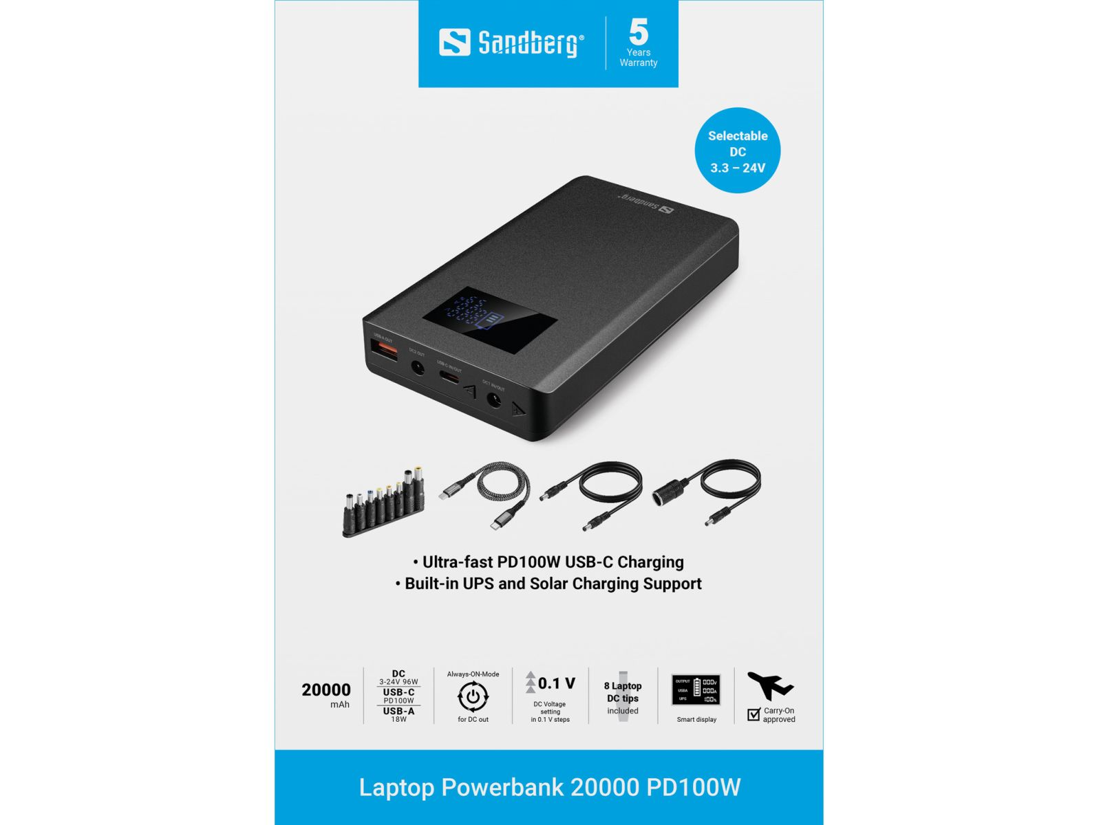 Sandberg Laptop Powerbank 20000 PD100W mit Kabeln, Steckern und digitalen Display.
