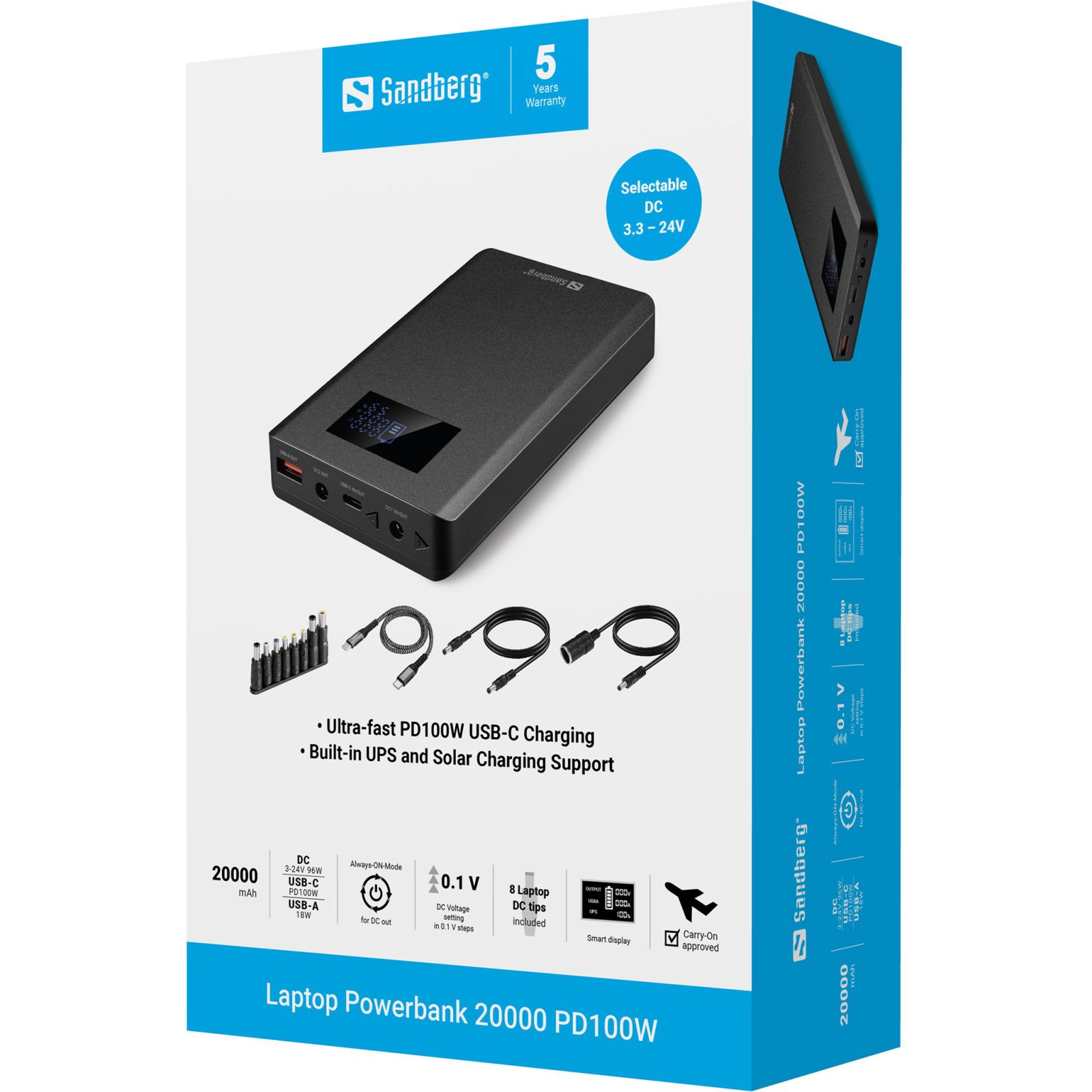Sandberg Laptop Powerbank 20000 PD100W in weißer Verpackung mit Zubehör und technischen Details.