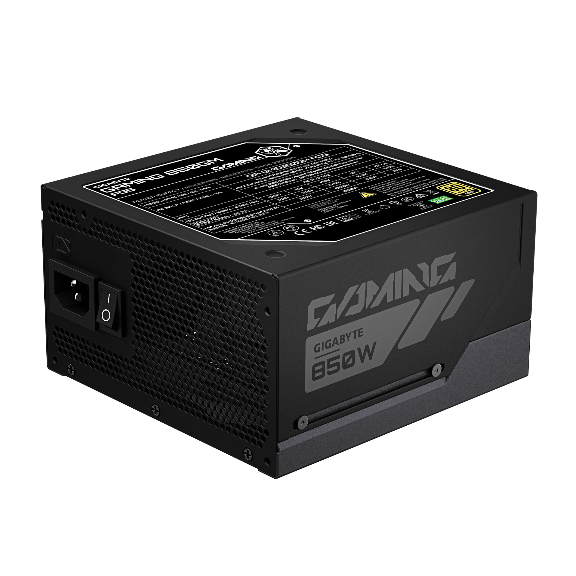Fuente de alimentación negra Gigabyte 850W con etiqueta de especificaciones y conector de corriente.