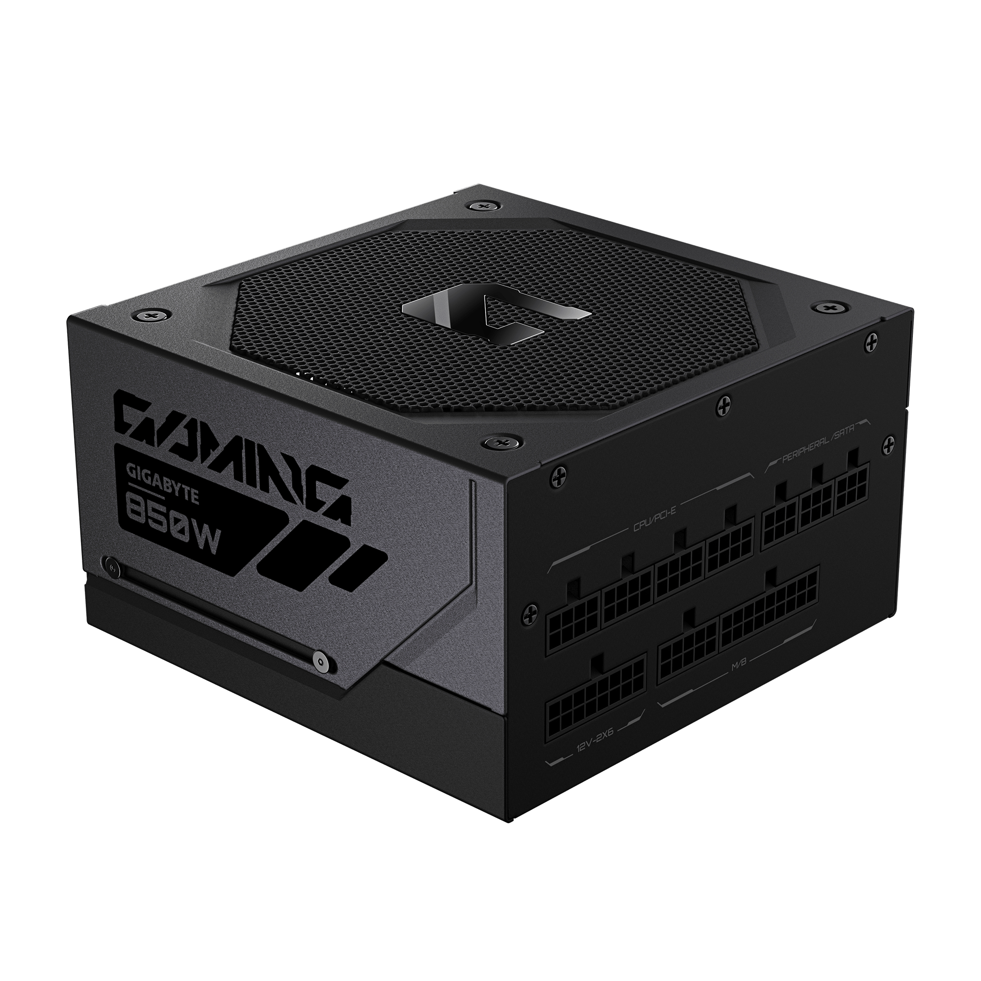 Una fuente de alimentación para juegos Gigabyte 850W negra con puertos modulares sobre fondo blanco.