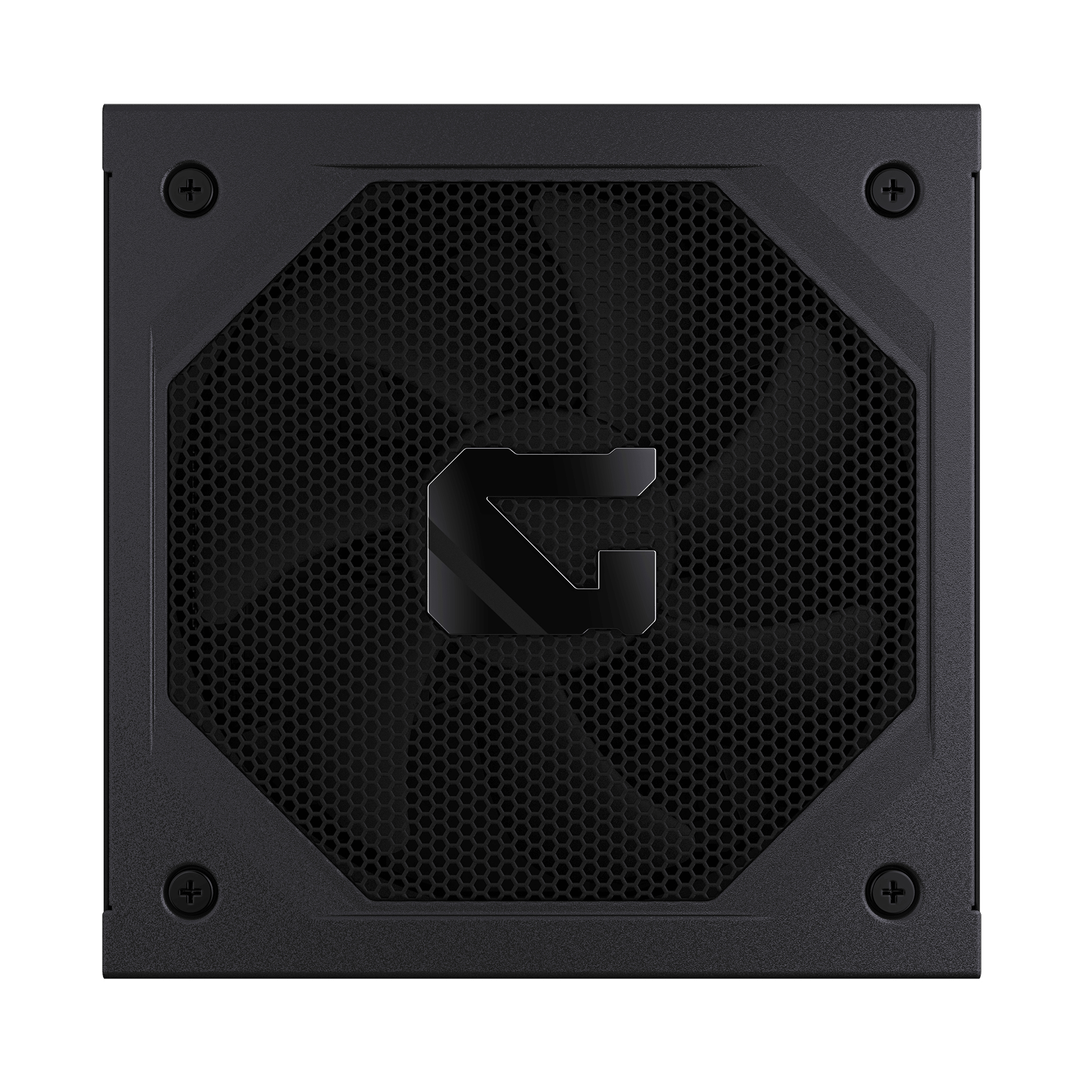Fuente de alimentación negra con rejilla hexagonal, cuatro tornillos en las esquinas y un logotipo plateado central.