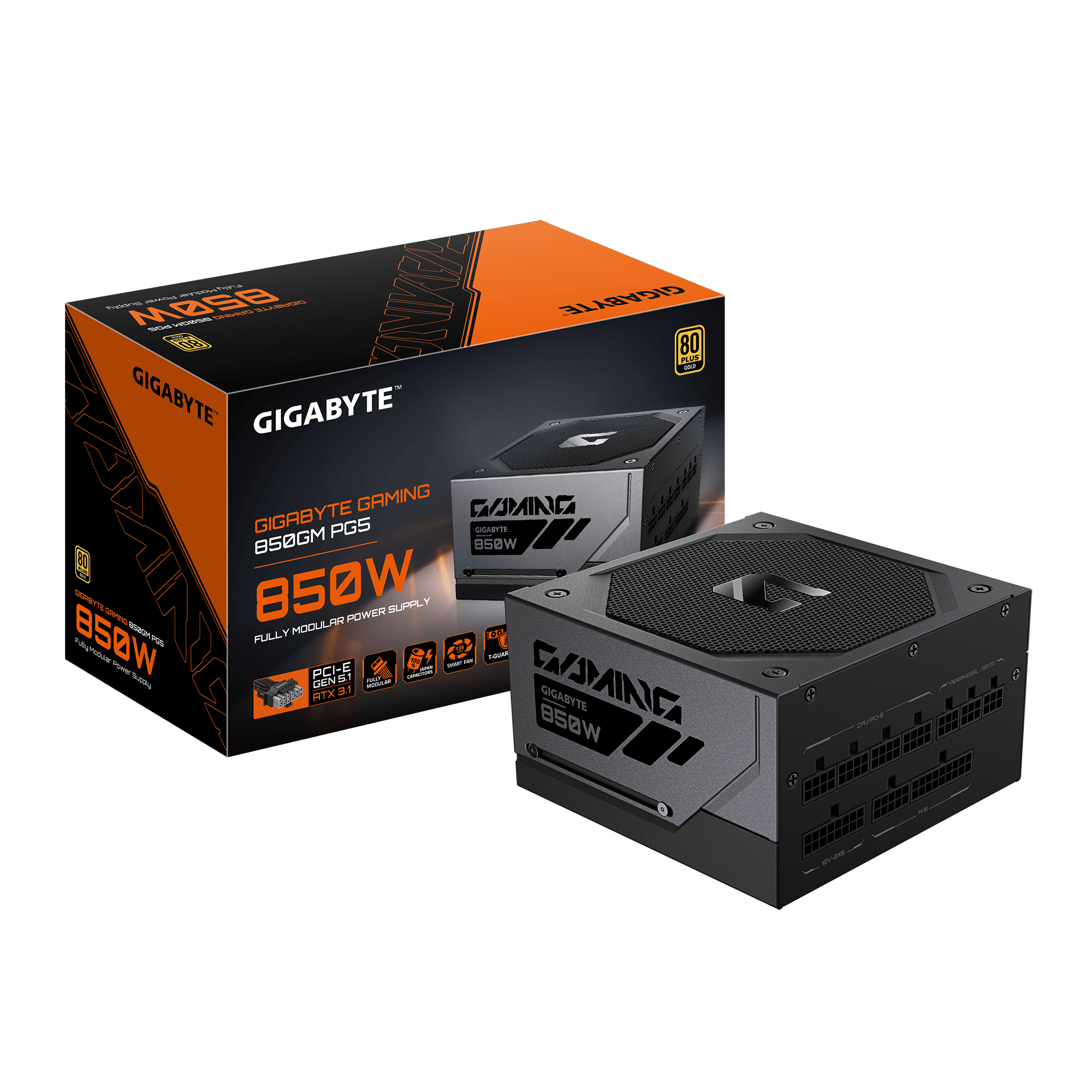 Fuente de alimentación Gigabyte Gaming 850W con su caja negra y naranja sobre fondo blanco.