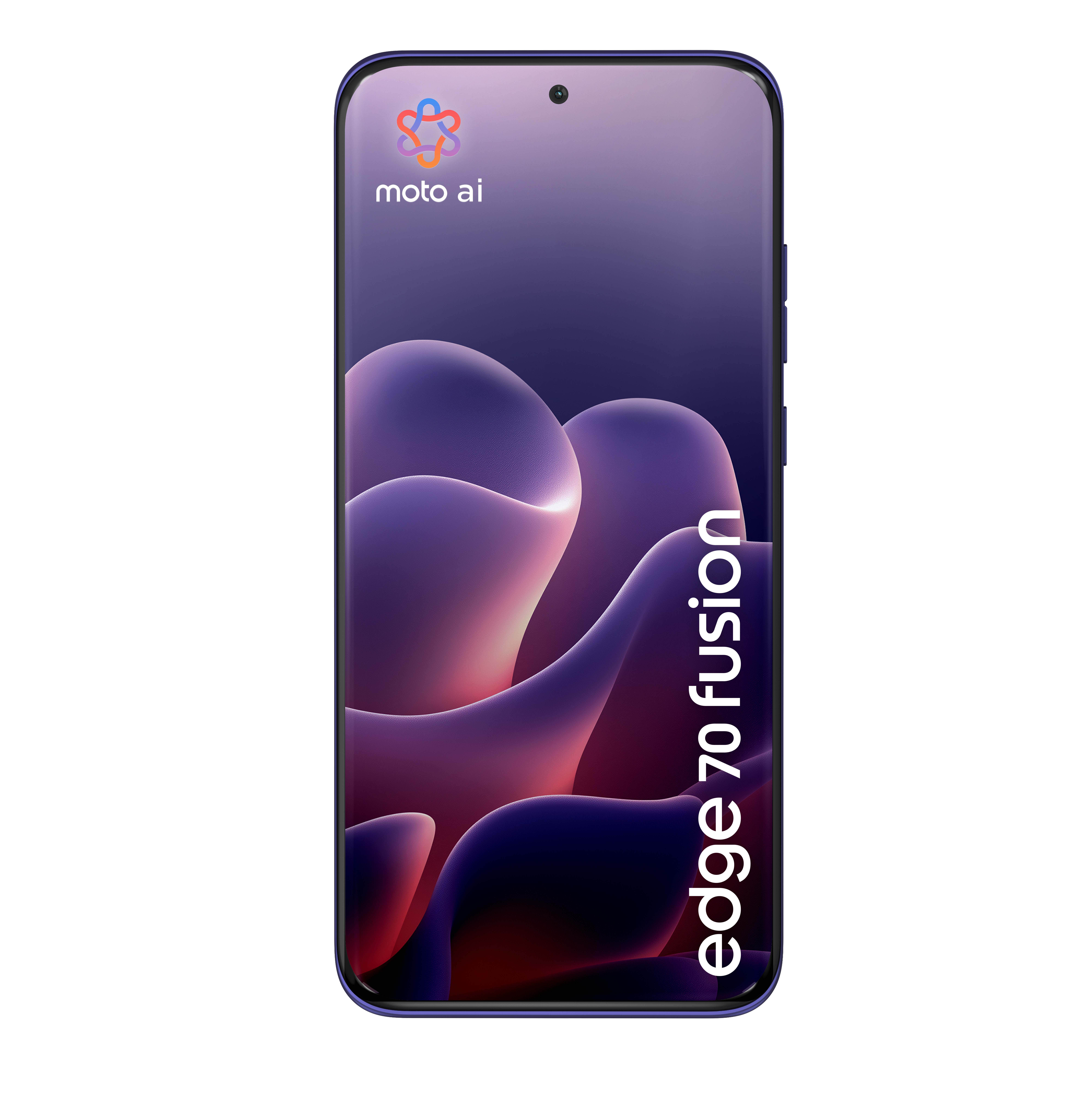 Smartphone che mostra uno sfondo astratto viola con testo moto ai e edge 70 fusion.