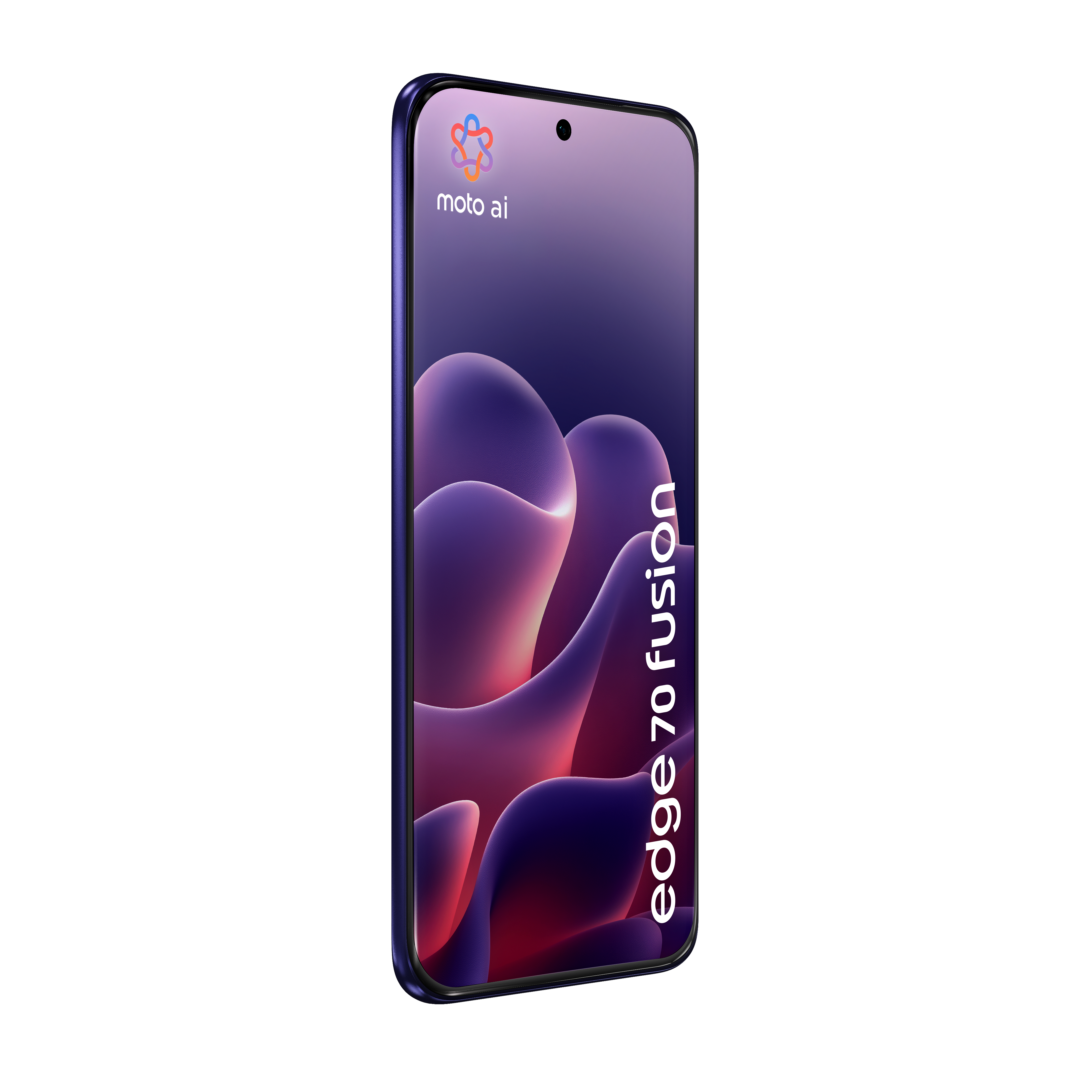Smartphone viola intitolato "edge 70 fusion" con logo moto ai su sfondo sfumato.