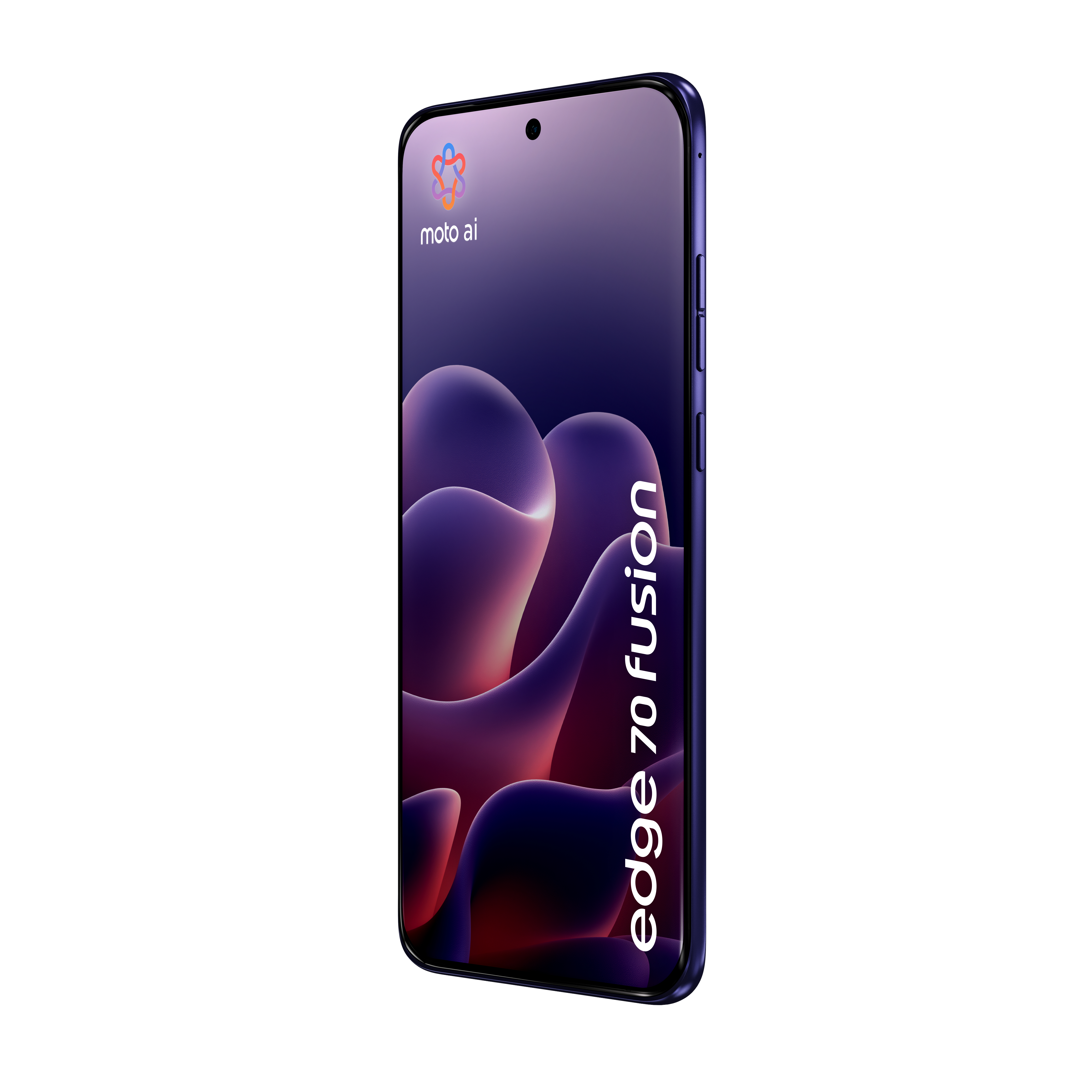 Smartphone scuro con schermo curvo che mostra moto ai ed edge 70 fusion su sfondo bianco.