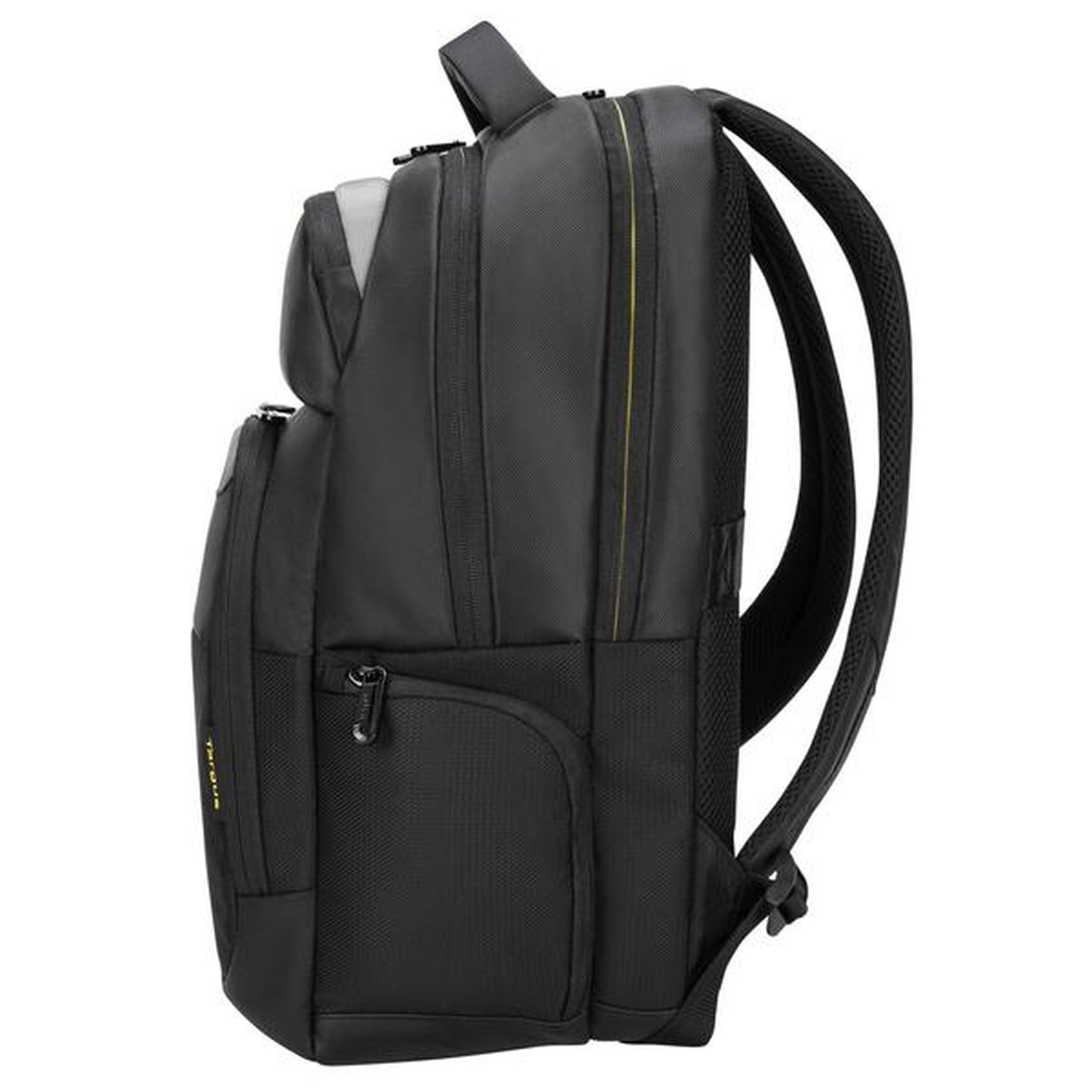Seitenansicht eines schwarzen Targus-Rucksacks mit mehreren Reißverschlusstaschen und gepolsterten Trägern.