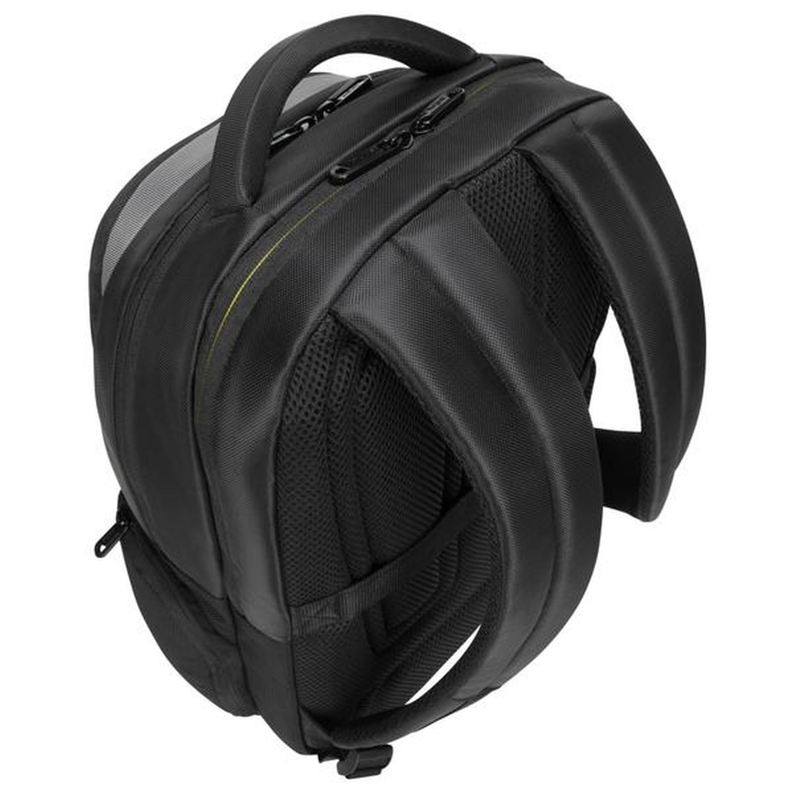Ein schwarzer Rucksack von oben, mit gepolsterten Schultergurten und Tragegriff auf weißem Hintergrund.