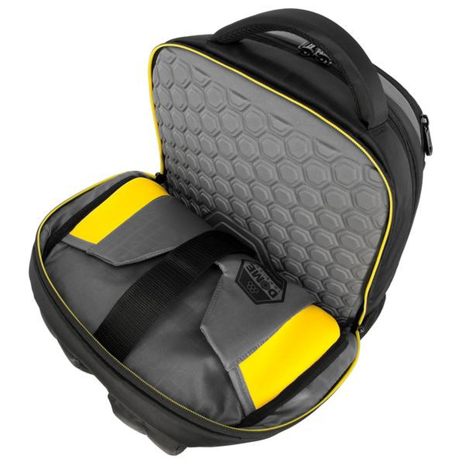 Ein offener schwarzer Rucksack mit gelben Akzenten und einer grauen, wabenförmig gemusterten Innenseite.