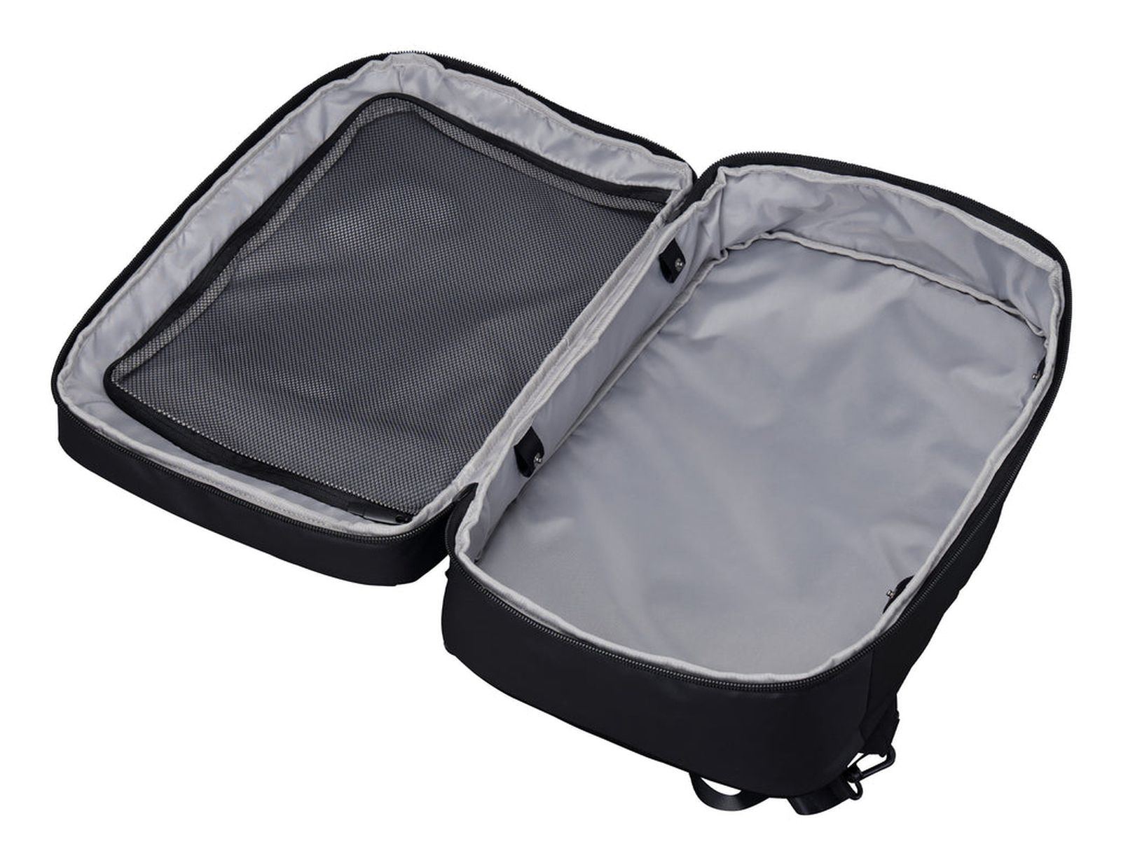Ein offener schwarzer Rucksack mit grauem Innenfutter und einem Reißverschluss-Netzfach.