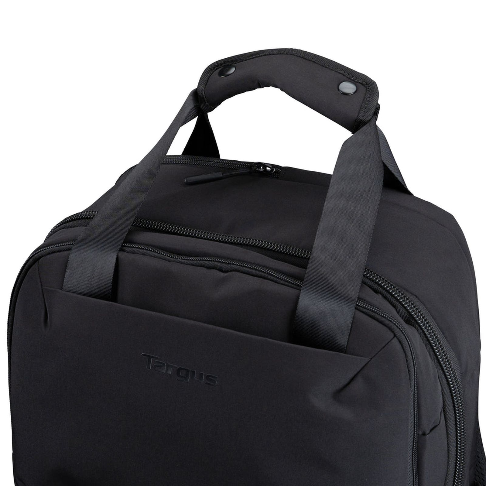 Nahaufnahme der gepolsterten Griffe und des Reißverschlusses einer schwarzen Targus Tasche.
