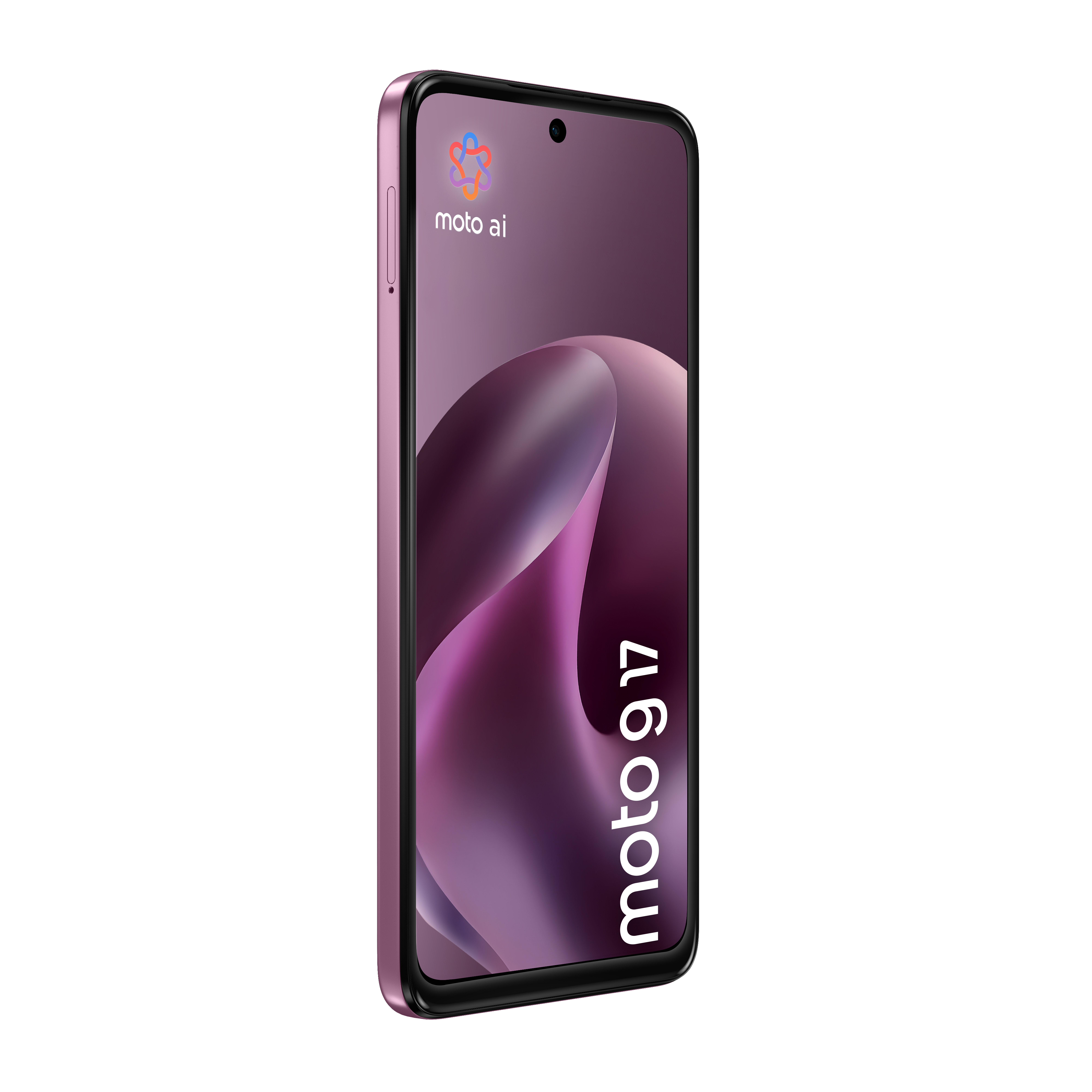 Smartphone Motorola g17 rosa con sfondo viola e logo "moto ai".