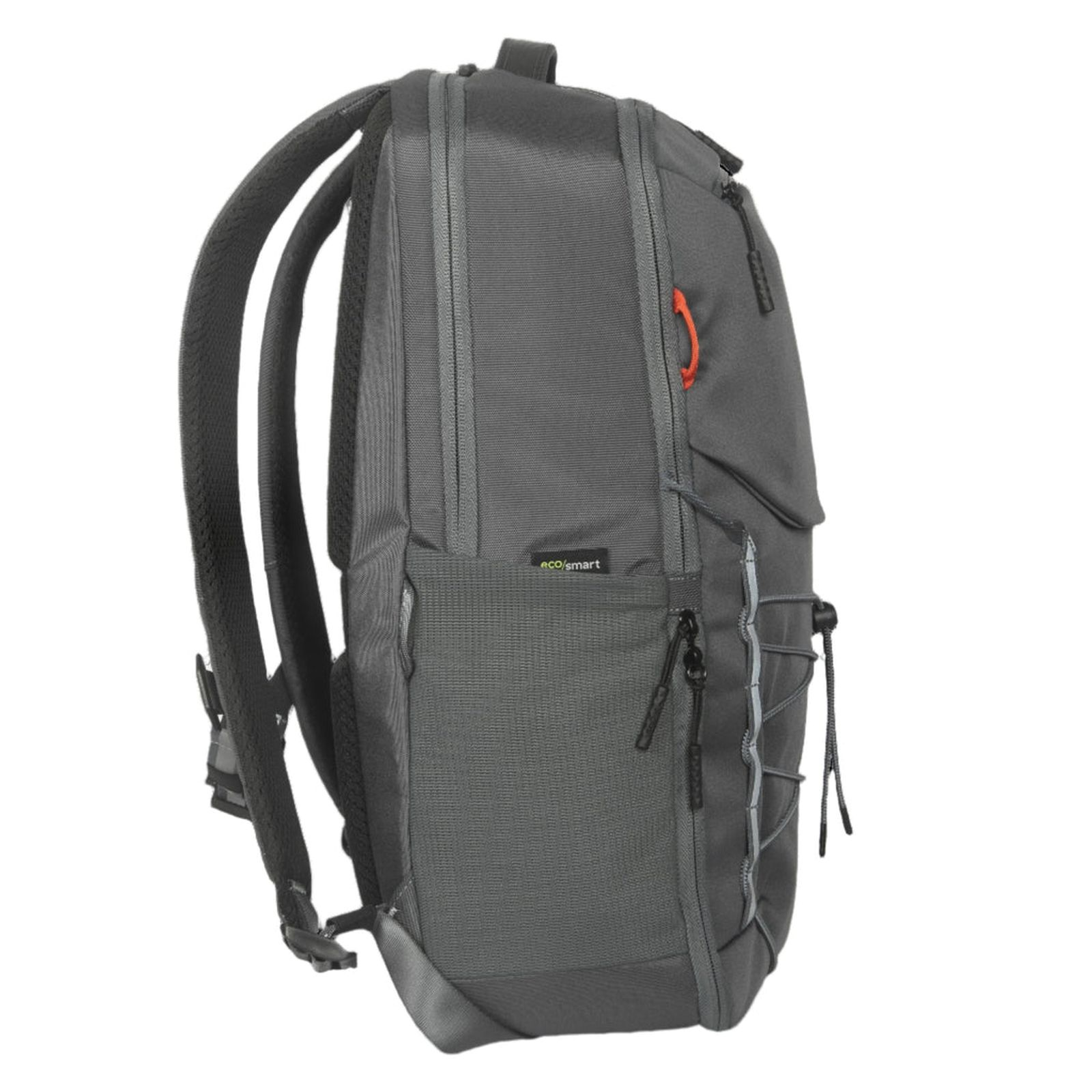 Vista lateral de una mochila gris oscura con correas acolchadas, múltiples cremalleras, bolsillos laterales y etiqueta eco.