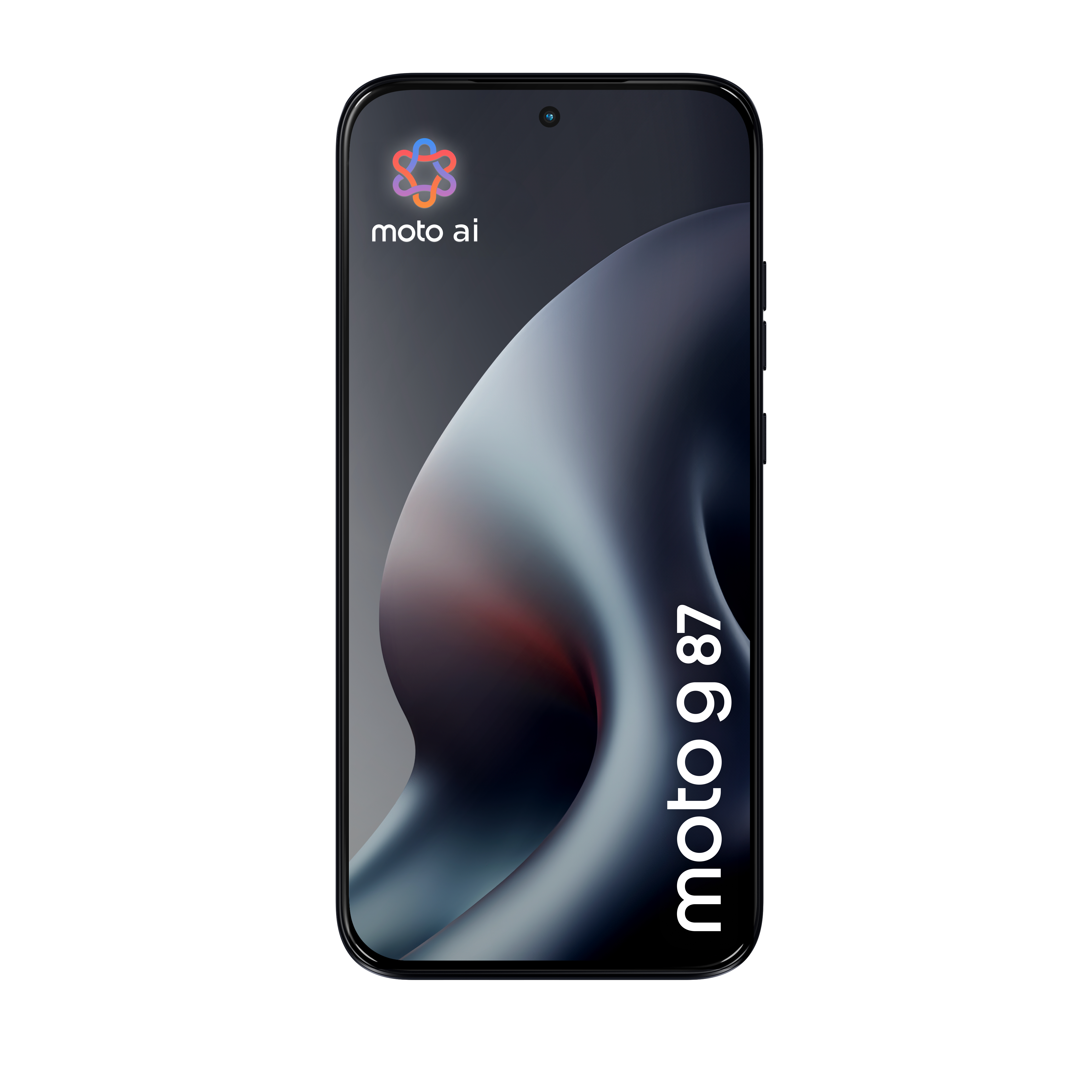 Uno smartphone nero mostra 'moto g 87' e 'moto ai' su uno sfondo astratto scuro e curvo.