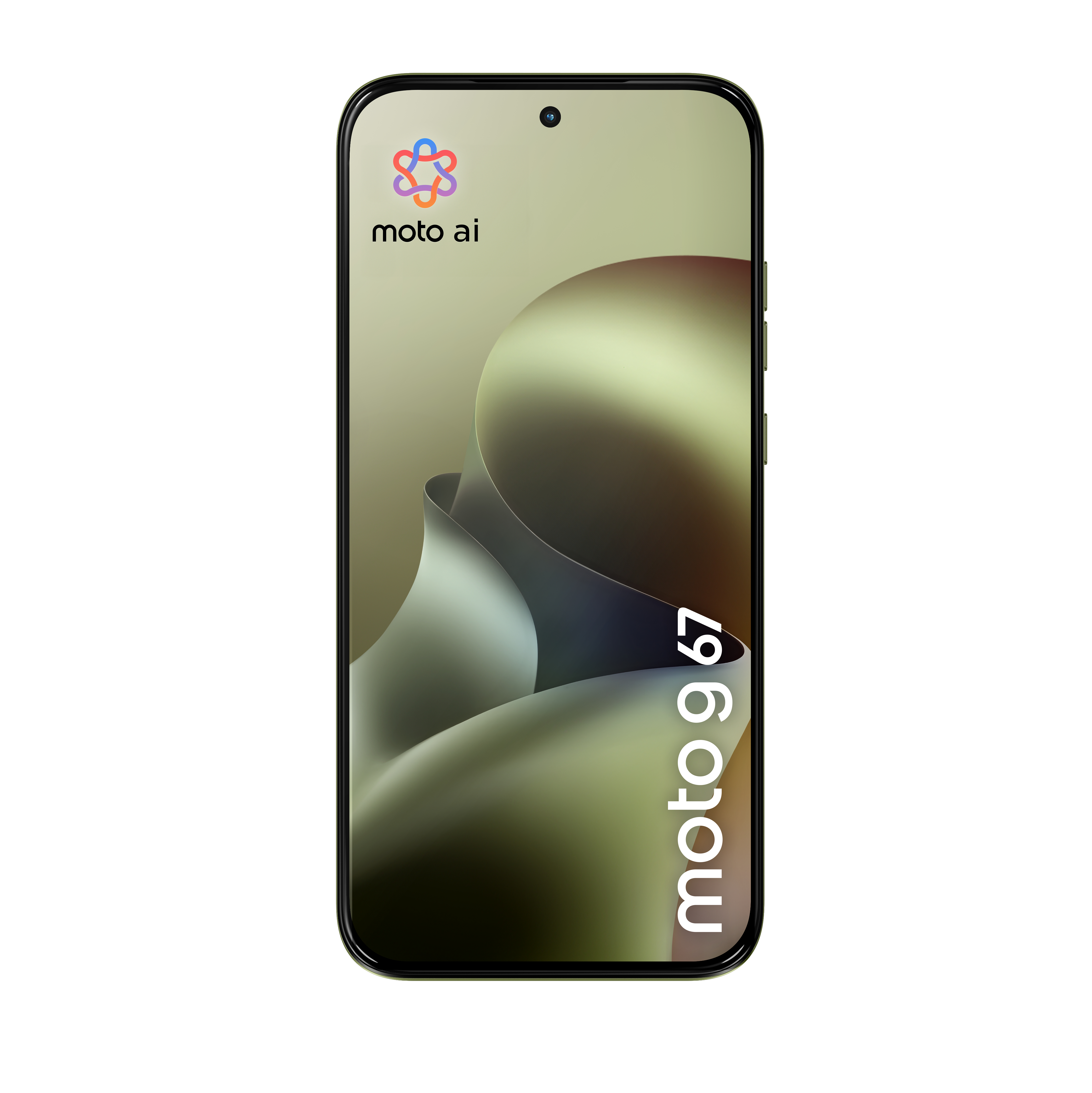 Vista frontale dello smartphone moto g 67 con sfondo verde ondulato e logo moto ai.