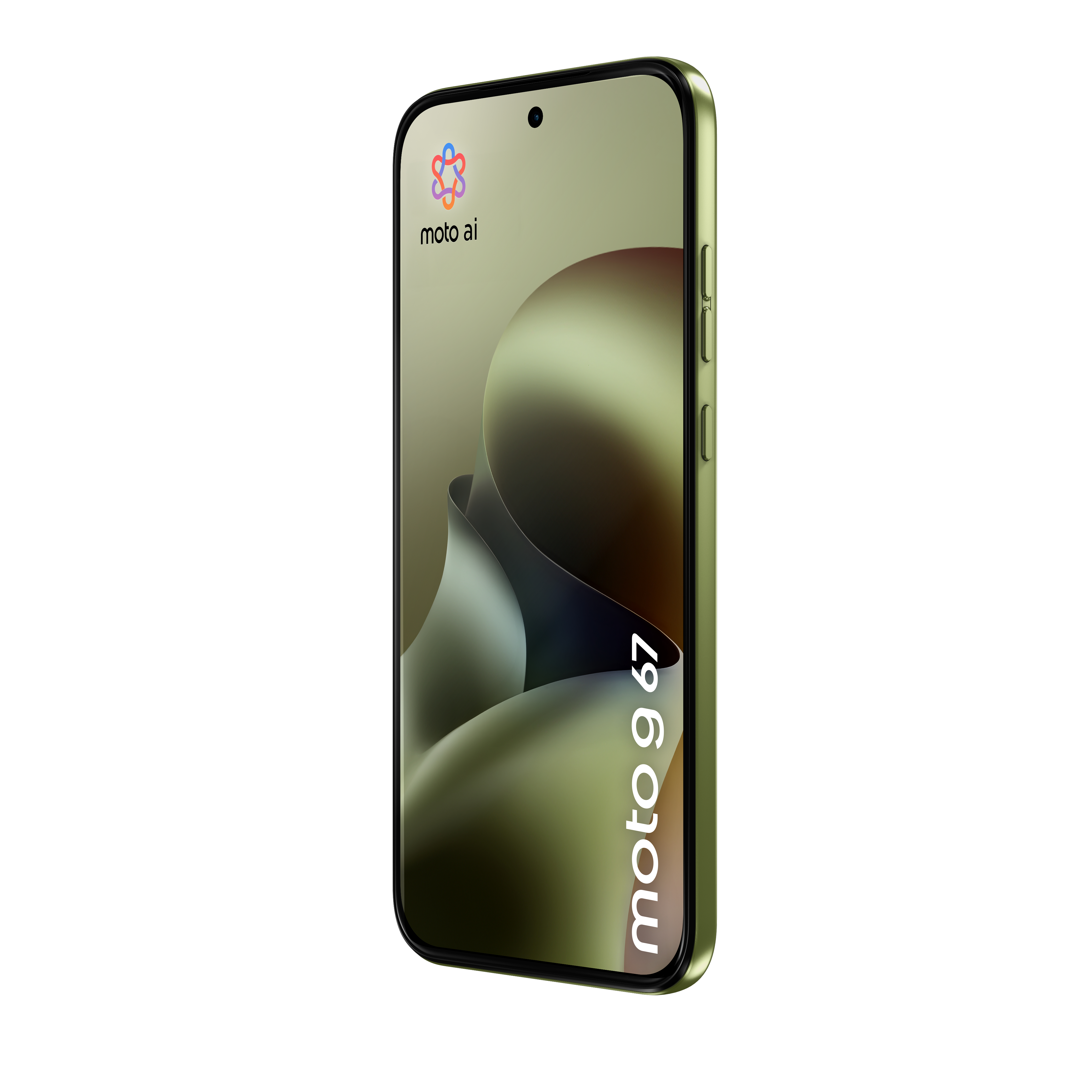 Uno smartphone verde con uno sfondo curvo, con i loghi moto ai e moto g67 sullo schermo.