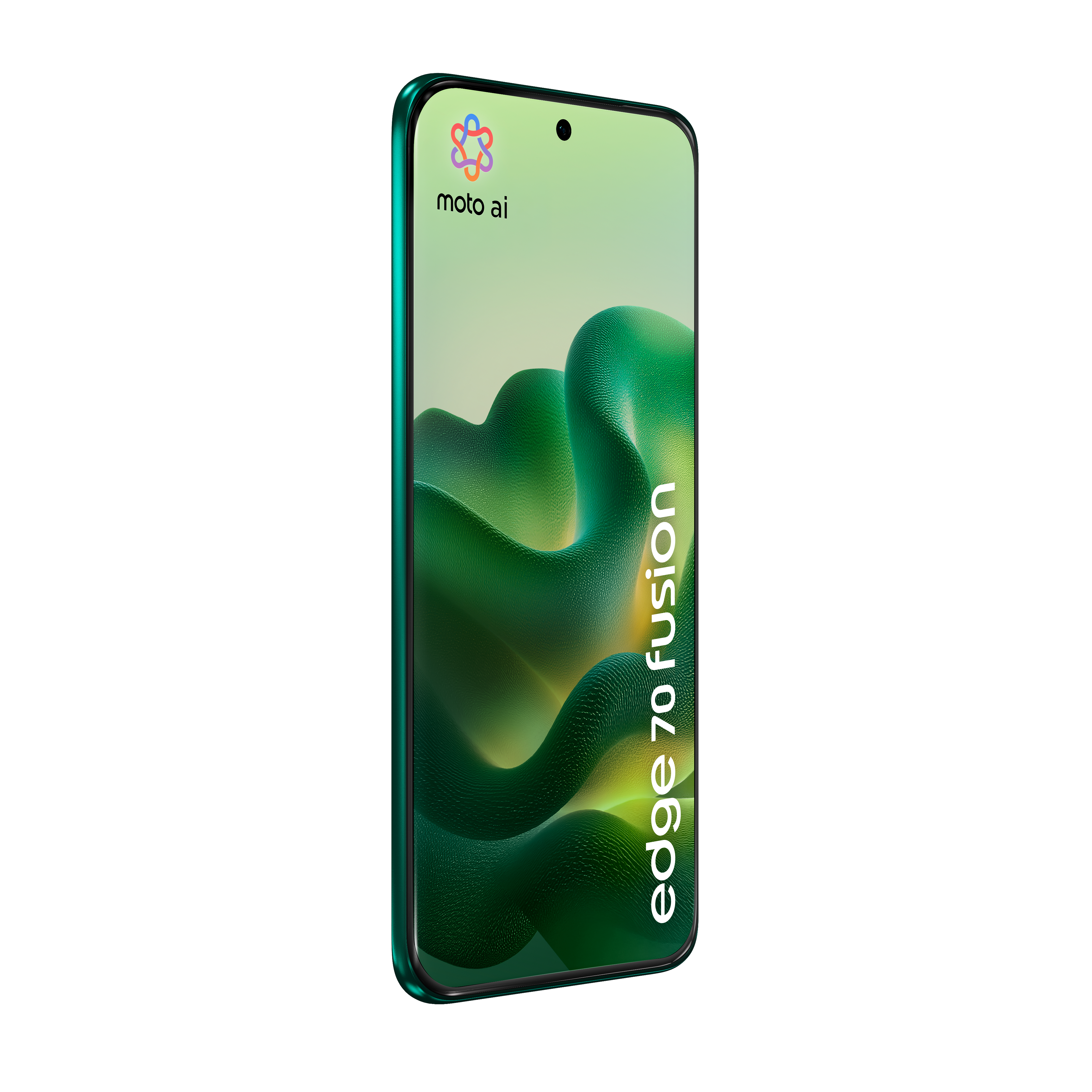 Uno smartphone verde inclinato a destra mostra uno sfondo verde ondulato con testo 'edge 50 fusion' e 'moto ai'.