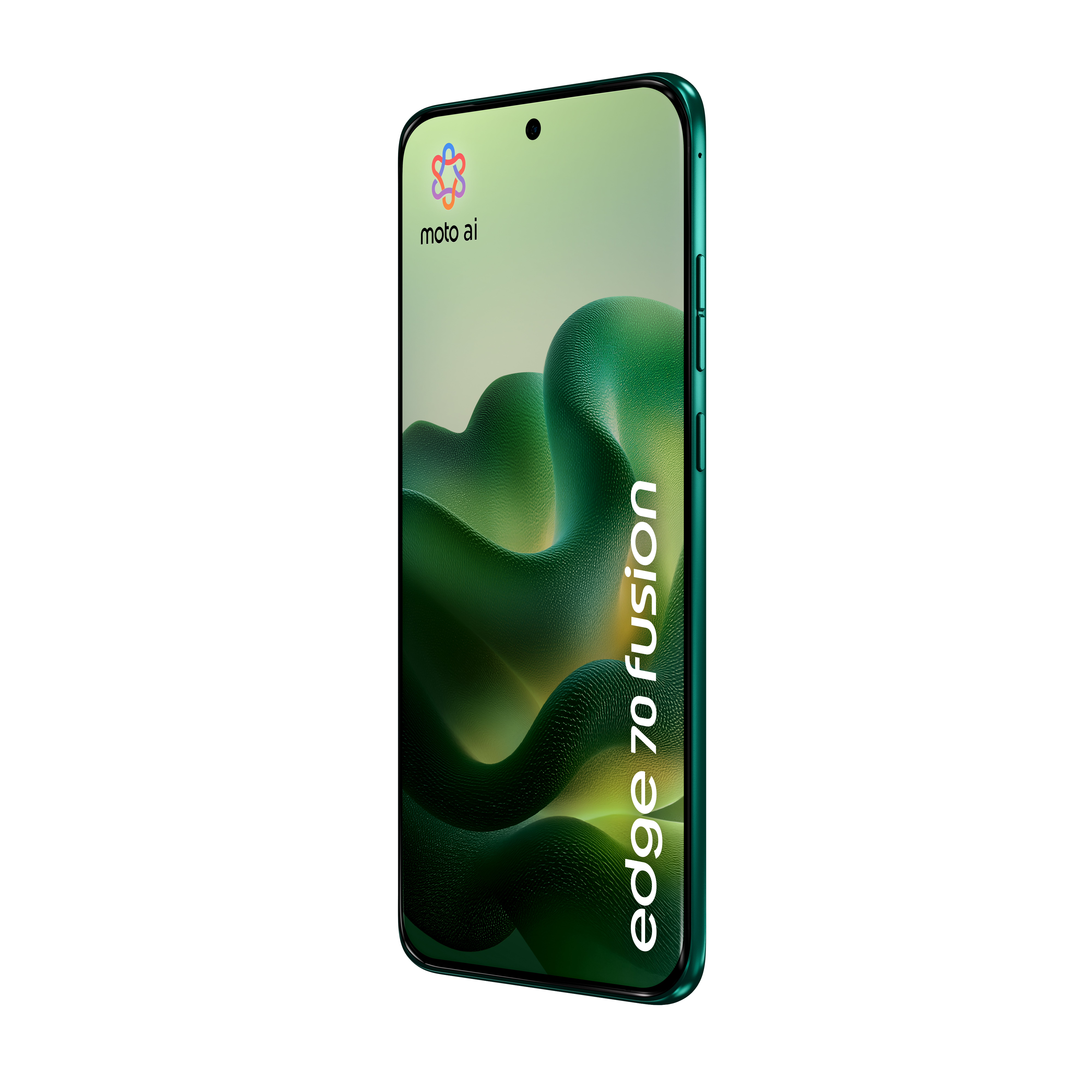 Smartphone verde Moto Edge 70 Fusion inclinato con sfondo a onde verdi.