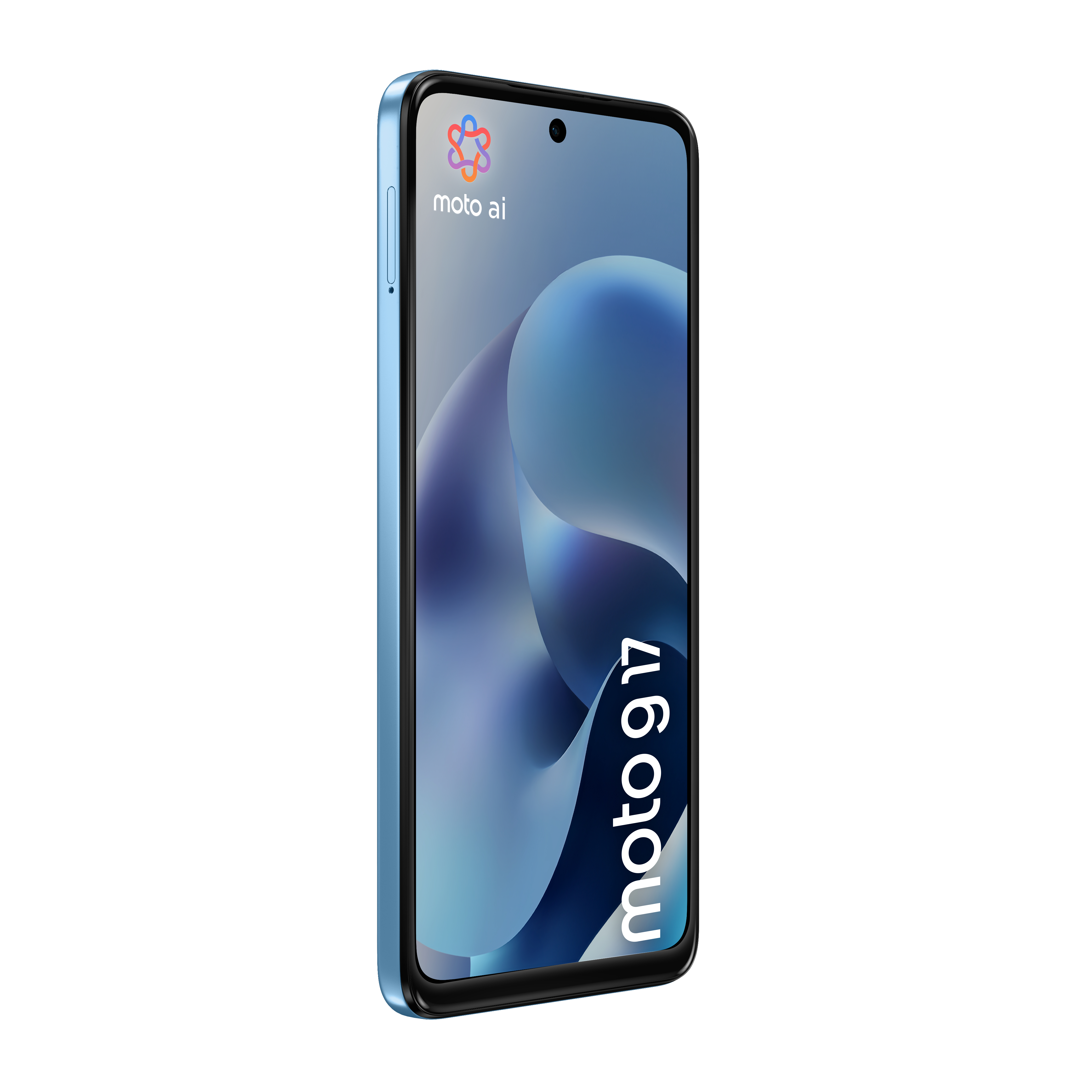 Ein hellblaues Smartphone zeigt 'moto g 17' und 'moto ai' mit einem blauen abstrakten Hintergrundbild.