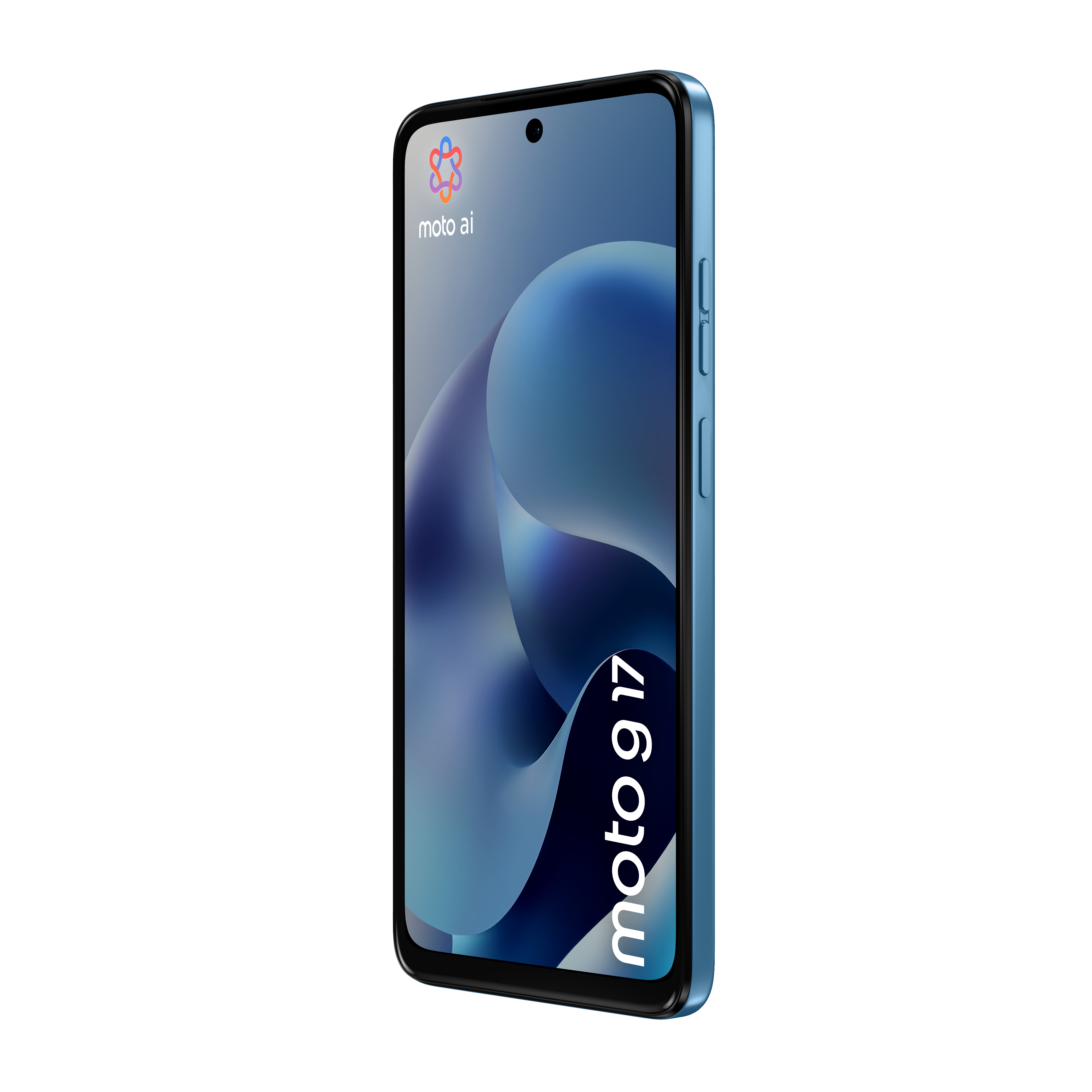 Ein blaues Moto g17 Smartphone ist leicht nach links geneigt und zeigt ein abstraktes Wallpaper und das moto ai Logo.