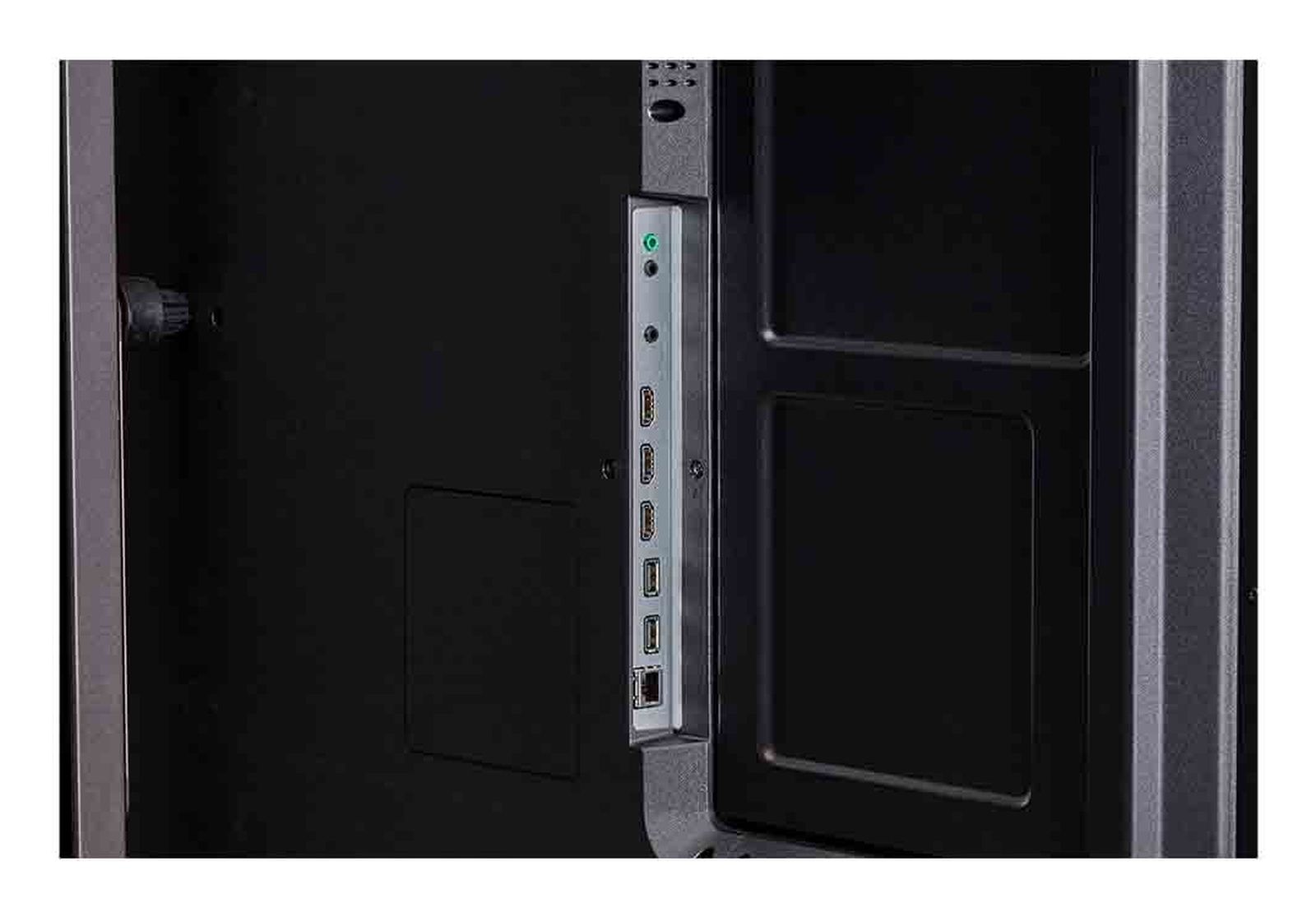 Vista laterale di un case per computer nero con jack audio e porte USB.