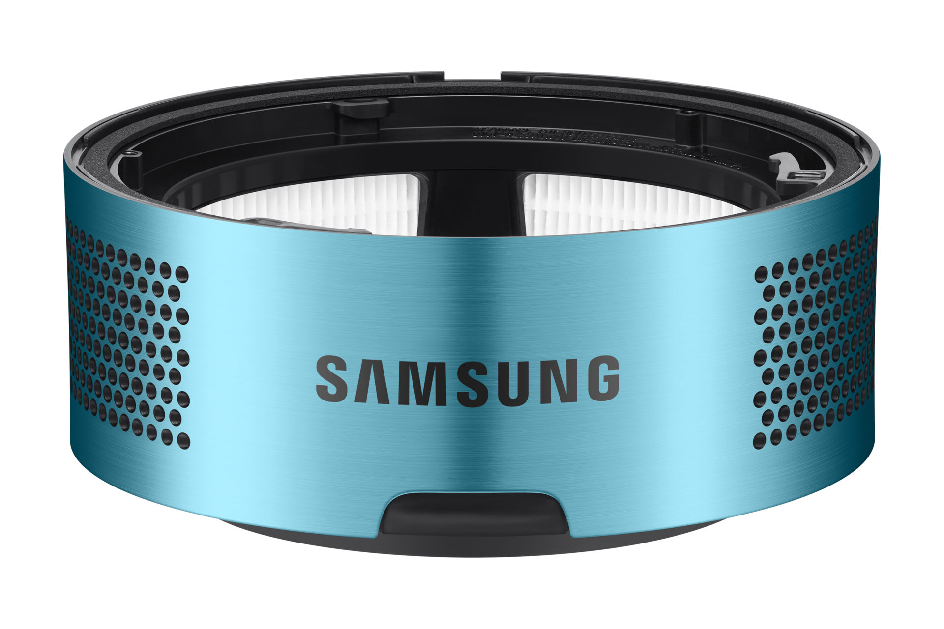 Un filtro de purificador de aire Samsung azul y redondo con borde negro y carcasa metálica perforada sobre fondo blanco.