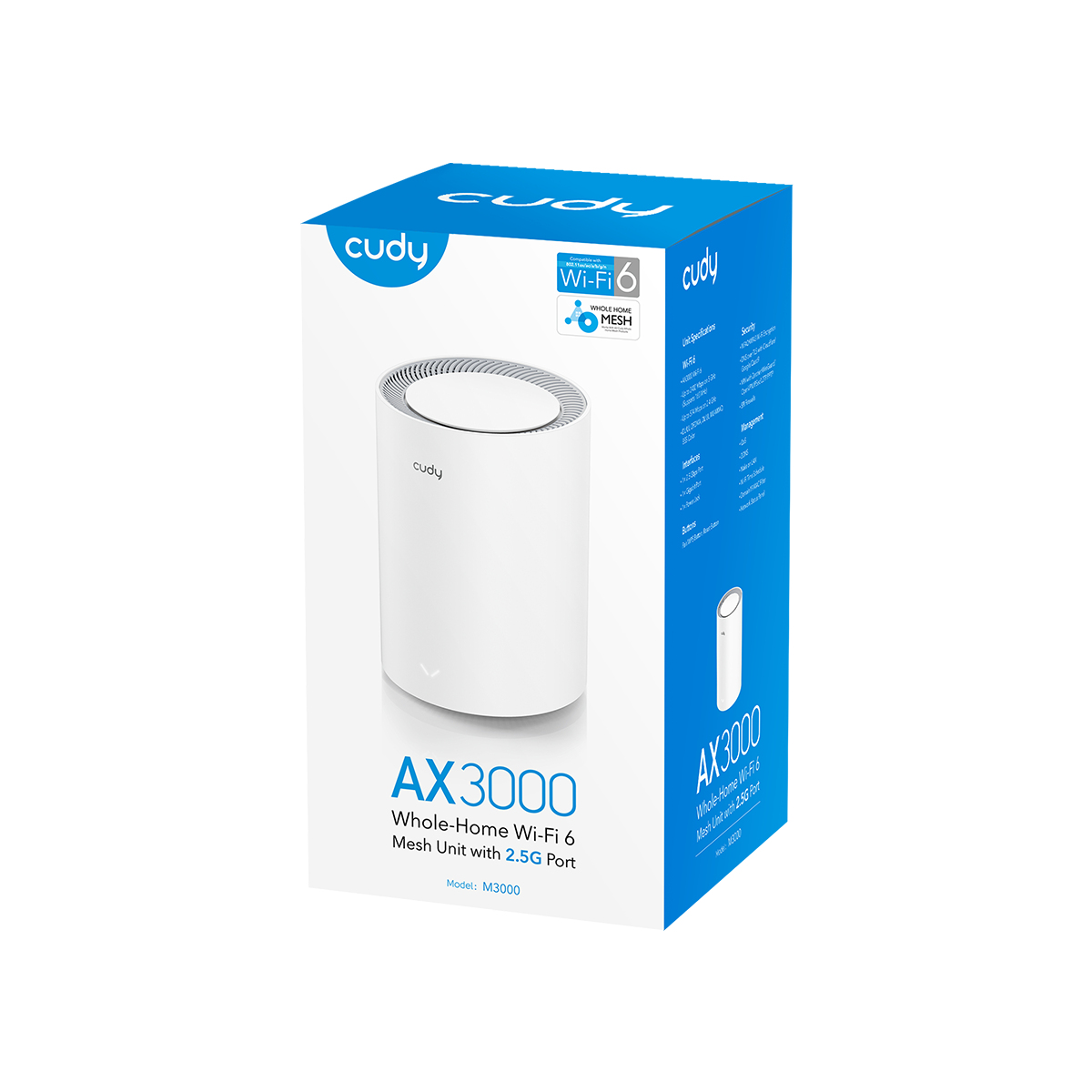 Verpackung der Cudy AX3000 Whole-Home Wi-Fi 6 Mesh Unit in Weiß und Blau mit Produktdetails.