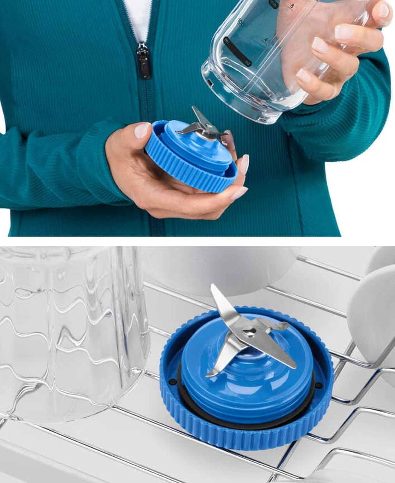 Person hält eine Flasche und einen blauen Mixeraufsatz mit Klingen. Unten liegt der Aufsatz auf einem Abtropfgitter.