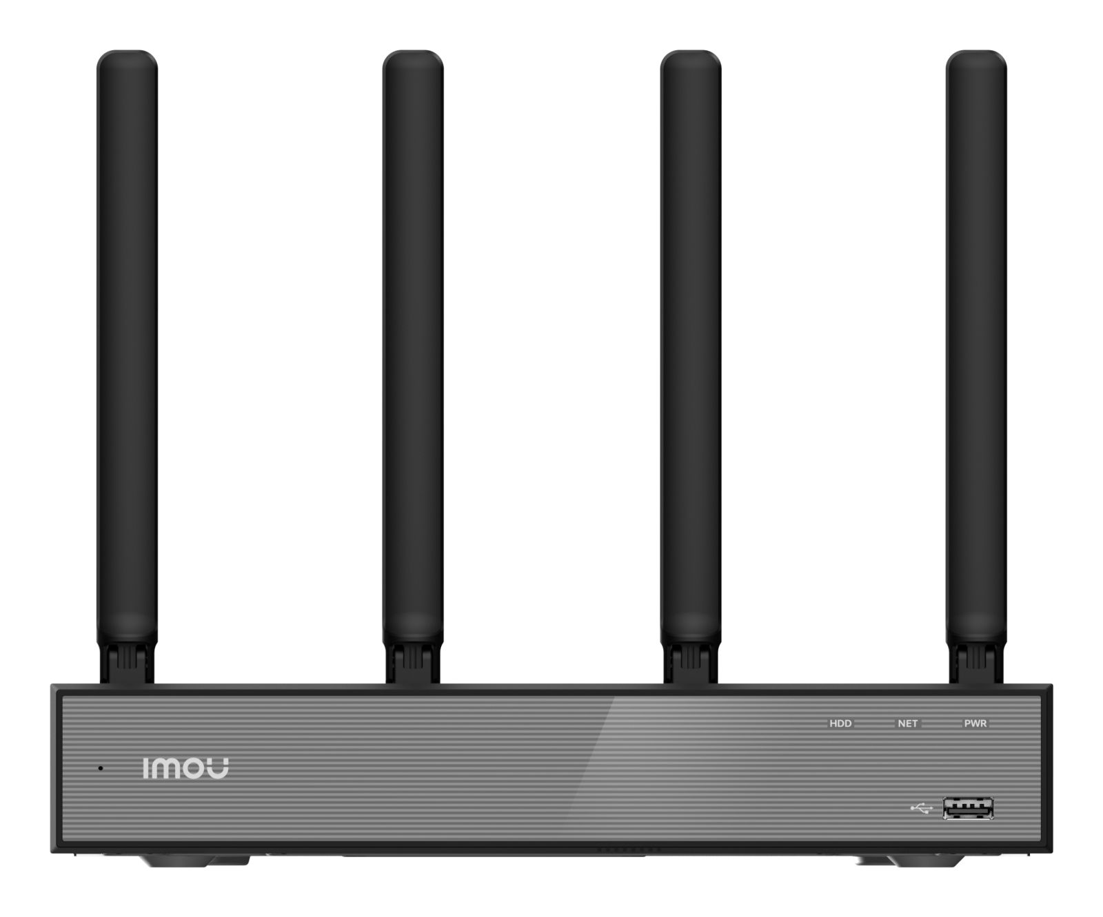 Un enrutador inal%e1mbrico Imou gris con cuatro antenas negras y un puerto USB frontal.