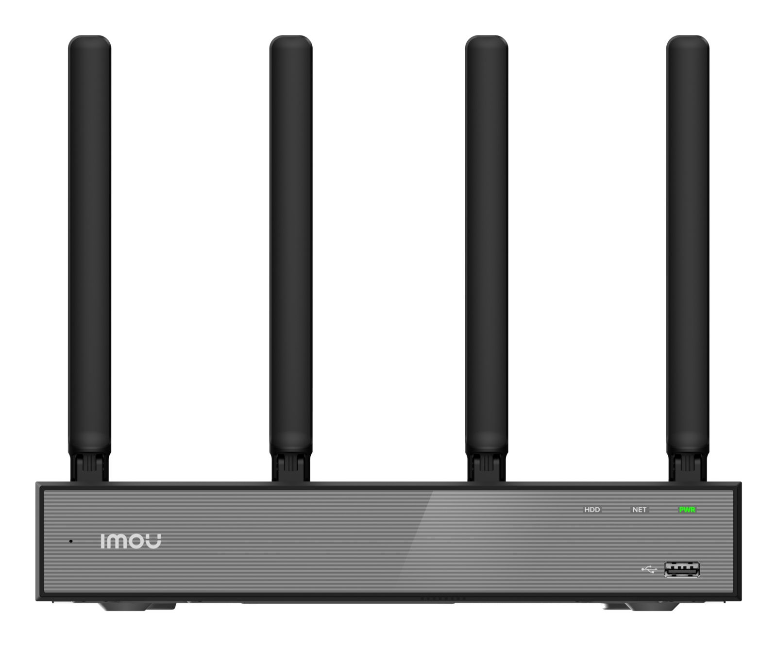 Router Imou negro con cuatro antenas verticales y luces LED indicadoras en el panel frontal.