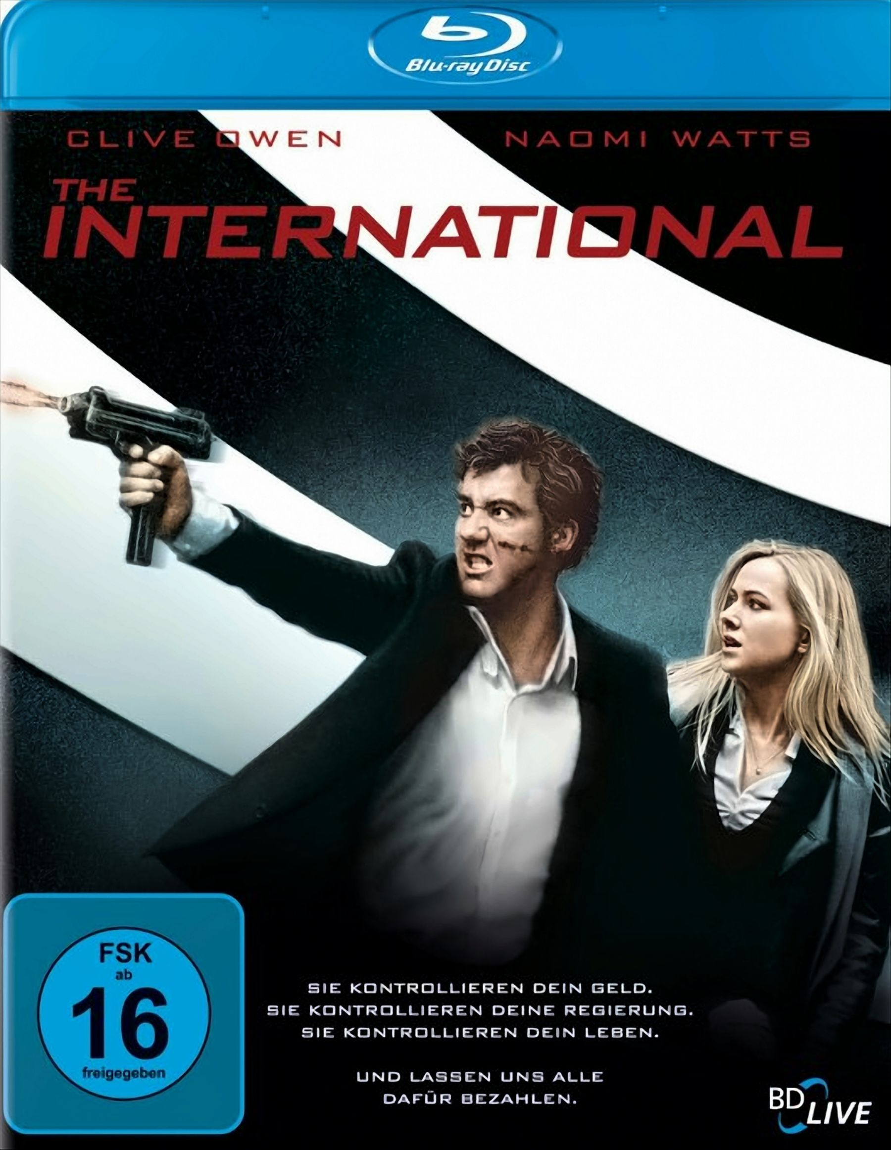 Blu-ray-Cover von The International mit Clive Owen, der eine Waffe abfeuert, und Naomi Watts daneben.