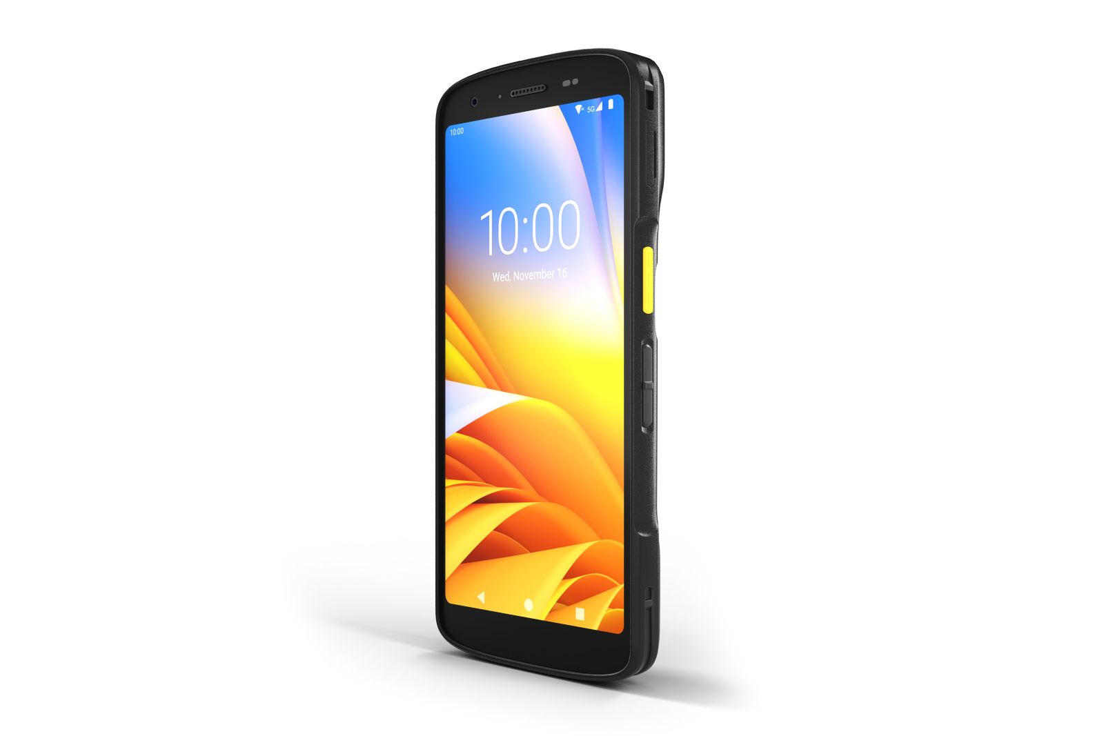 Uno smartphone rugged con scocca nera e uno sfondo colorato sullo schermo.