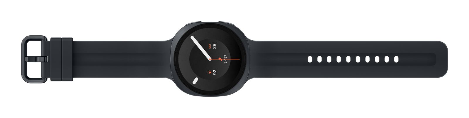 Schwarze Smartwatch mit rundem Zifferblatt und Silikonarmband auf weißem Hintergrund.