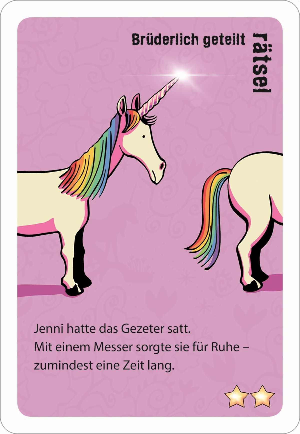 Eine rosa Karte zeigt ein Einhorn mit Regenbogenmähne und -schweif, deutschem Text und glänzendem Horn.