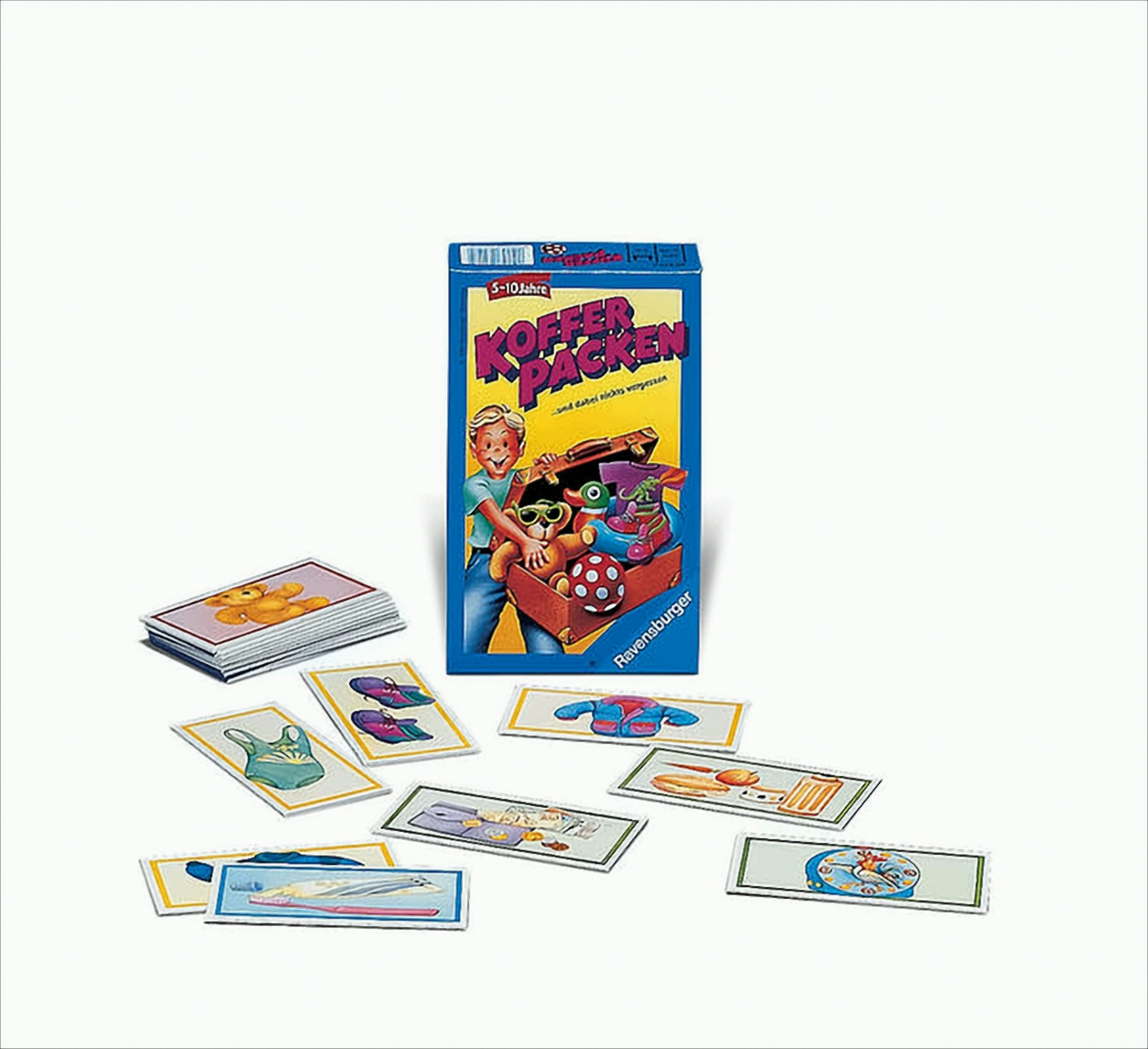 Ravensburger-Kartenspiel Koffer packen mit Spielschachtel und ausgelegten Bildkarten auf weißem Hintergrund.