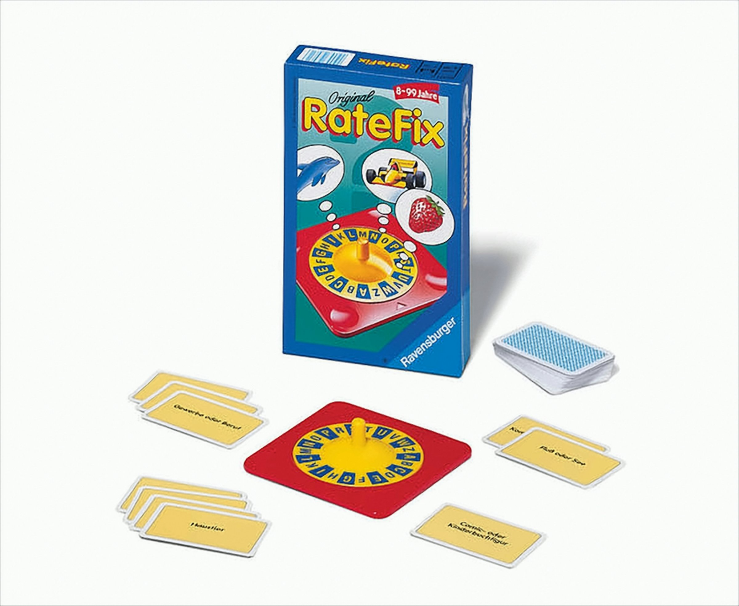 Ravensburger RateFix Gesellschaftsspiel mit rotem Drehrad, gelben Karten und blauer Schachtel auf weißem Grund.