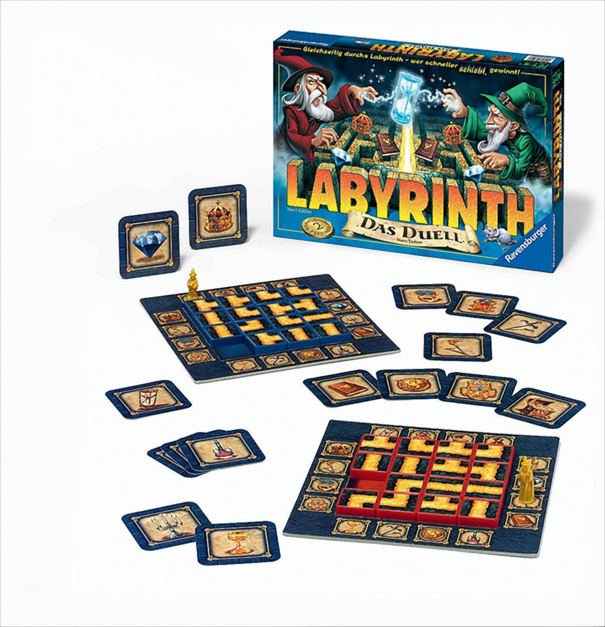 Das Labyrinth Das Duell Brettspiel mit Schachtel, Spielbrettern, Karten und Figuren.