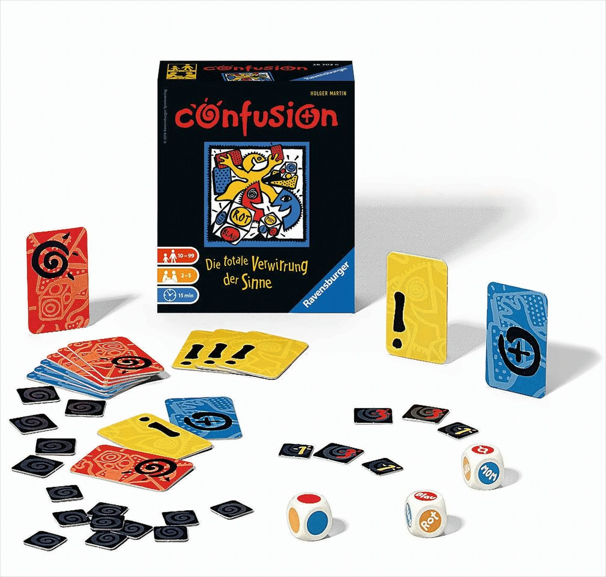 Das Brettspiel Confusion mit bunten Karten, kleinen schwarzen Plättchen und drei Würfeln auf weißem Grund.