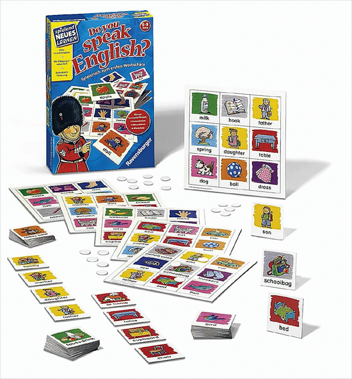 Ein Ravensburger Brettspiel mit dem Titel 'Do you Speak English?' mit bunten Vokabelkarten und Spielfiguren.