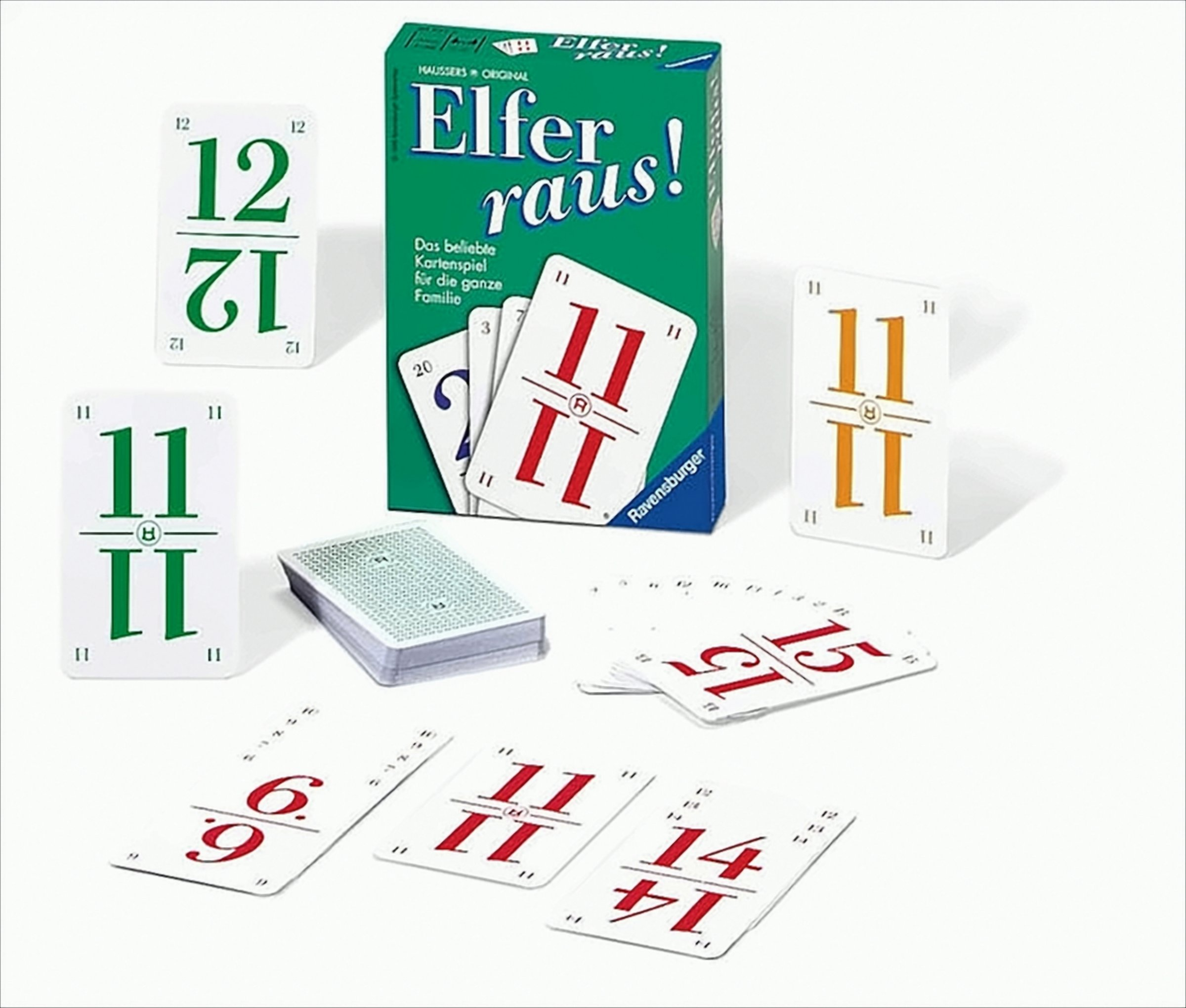 Elfer raus! Kartenspiel von Ravensburger mit grüner Schachtel und ausgelegten bunten Zahlenkarten.