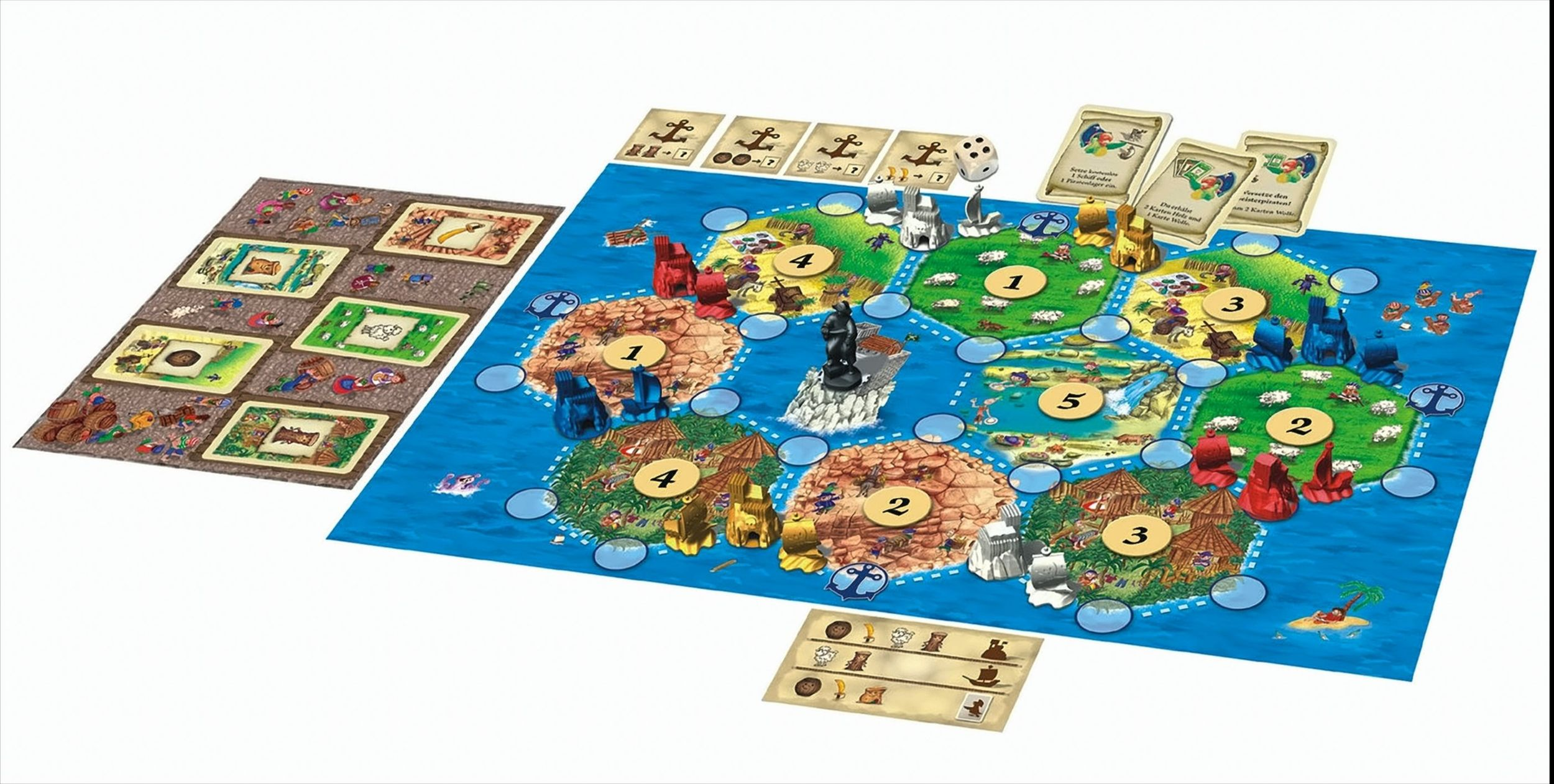 Ein Catan-Brettspiel mit Inselplättchen, farbigen Spielfiguren, Nummernplättchen, Karten und Würfeln auf weißem Grund.