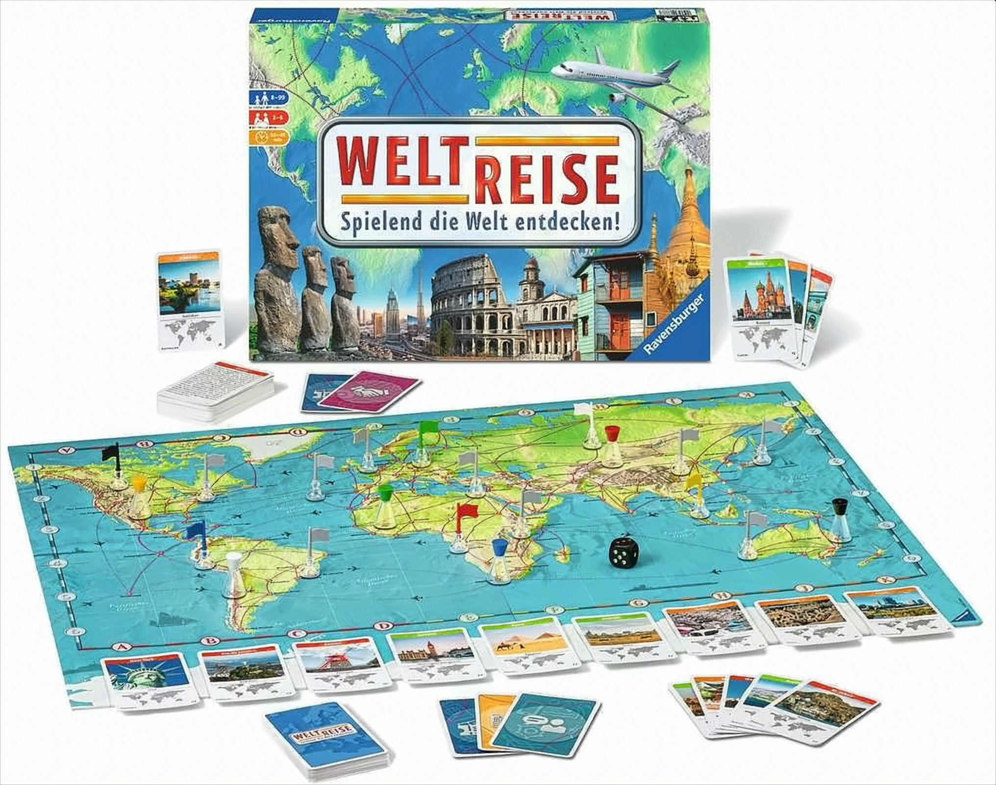 Weltreise-Brettspiel mit Schachtel, Weltkarte als Spielplan, Kartenstapeln, farbigen Figuren und Würfel.