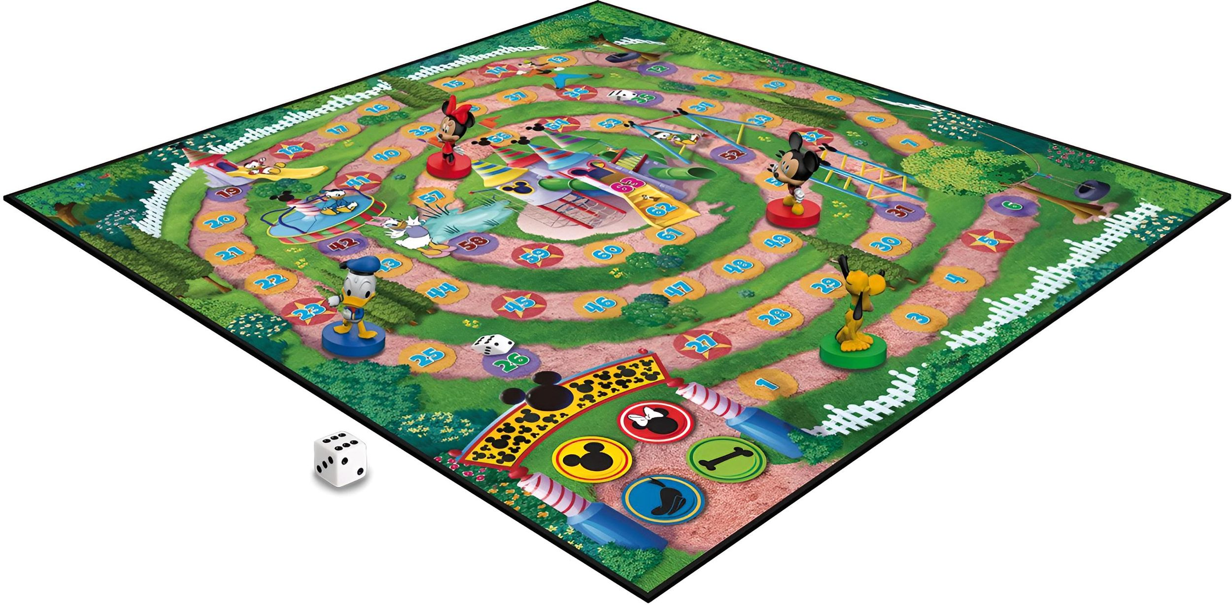 Buntes Disney-Brettspiel mit Mickey, Minnie, Donald und Pluto auf einem farbigen Pfad.