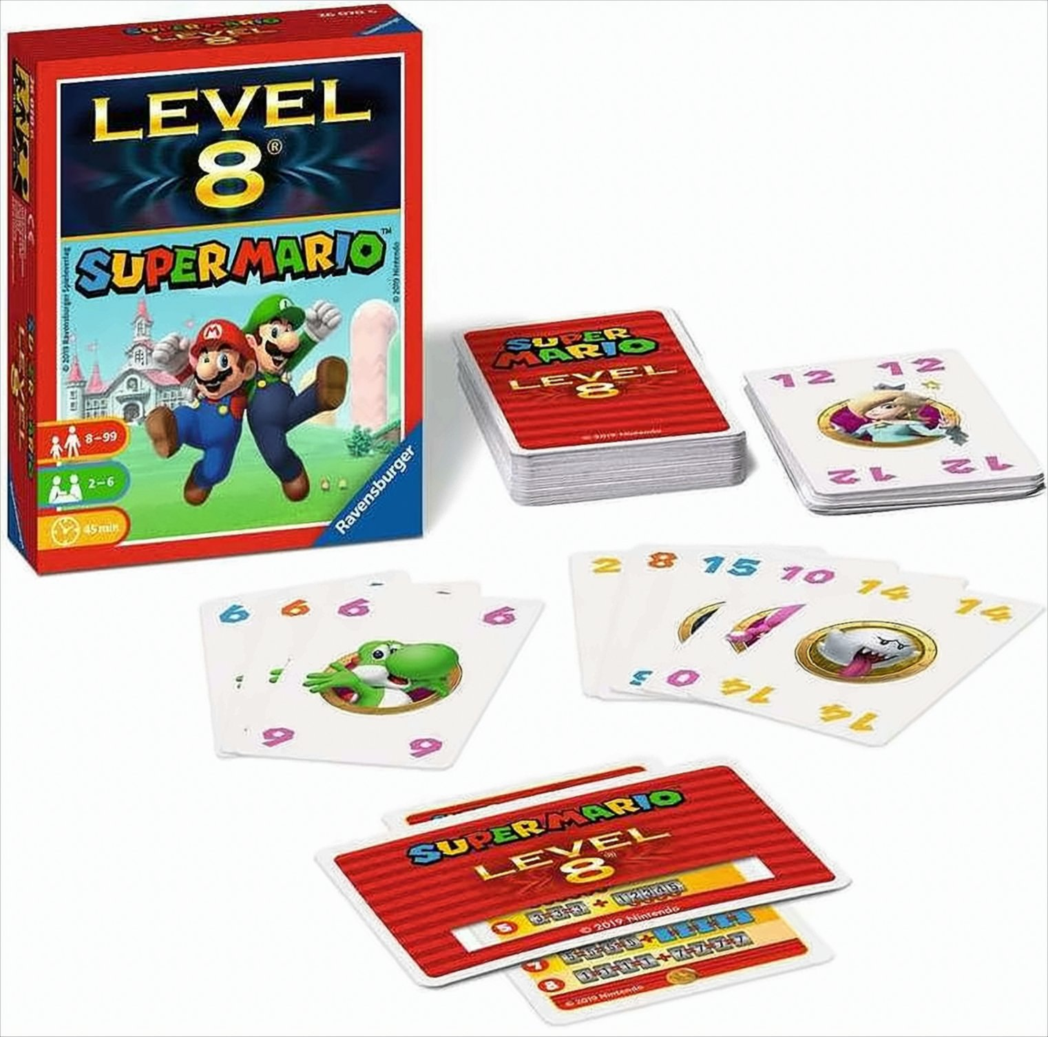 Super Mario Level 8 Brettspiel mit Schachtel, roten Kartenstapeln und Charakterkarten auf weißem Hintergrund.