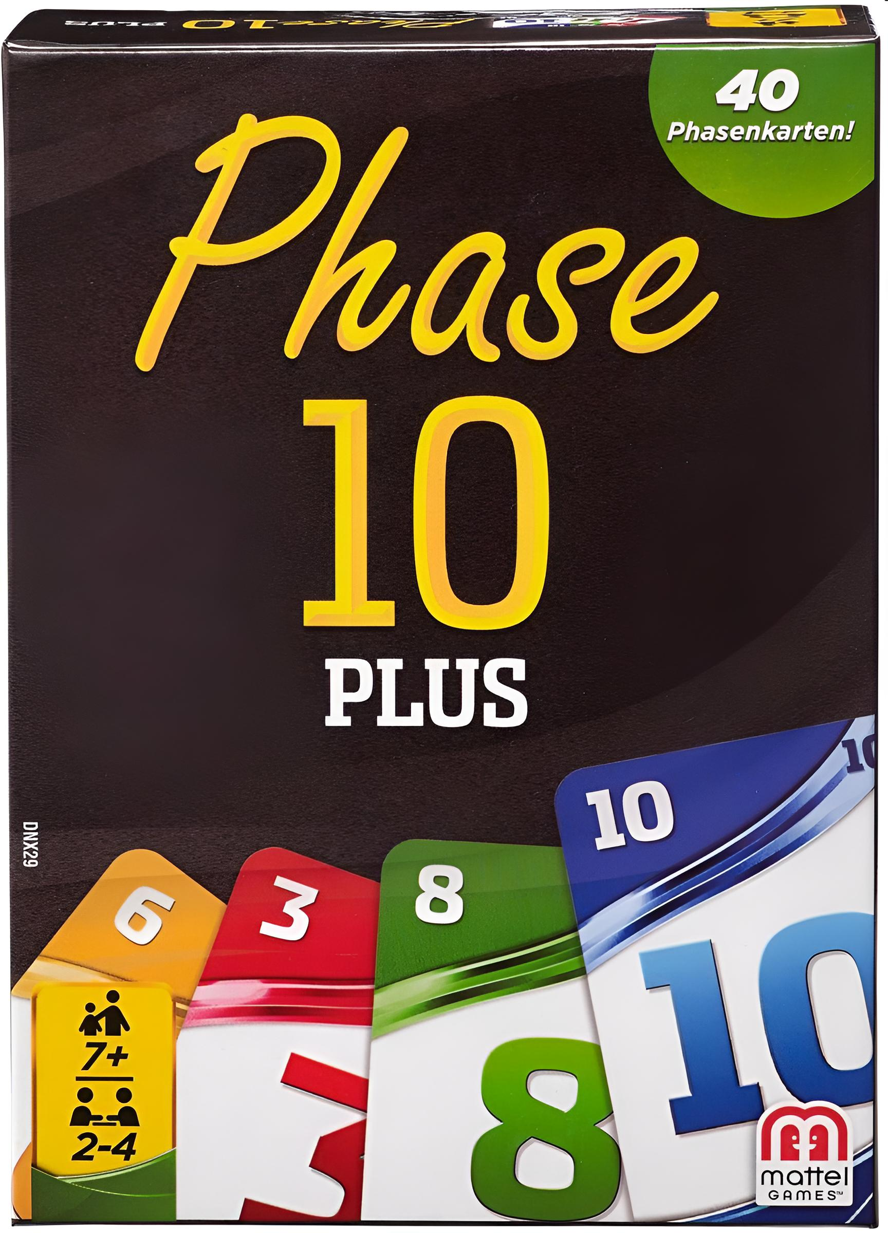 Phase 10 Plus Kartenspielbox mit bunten Karten und Mattet-Logo.