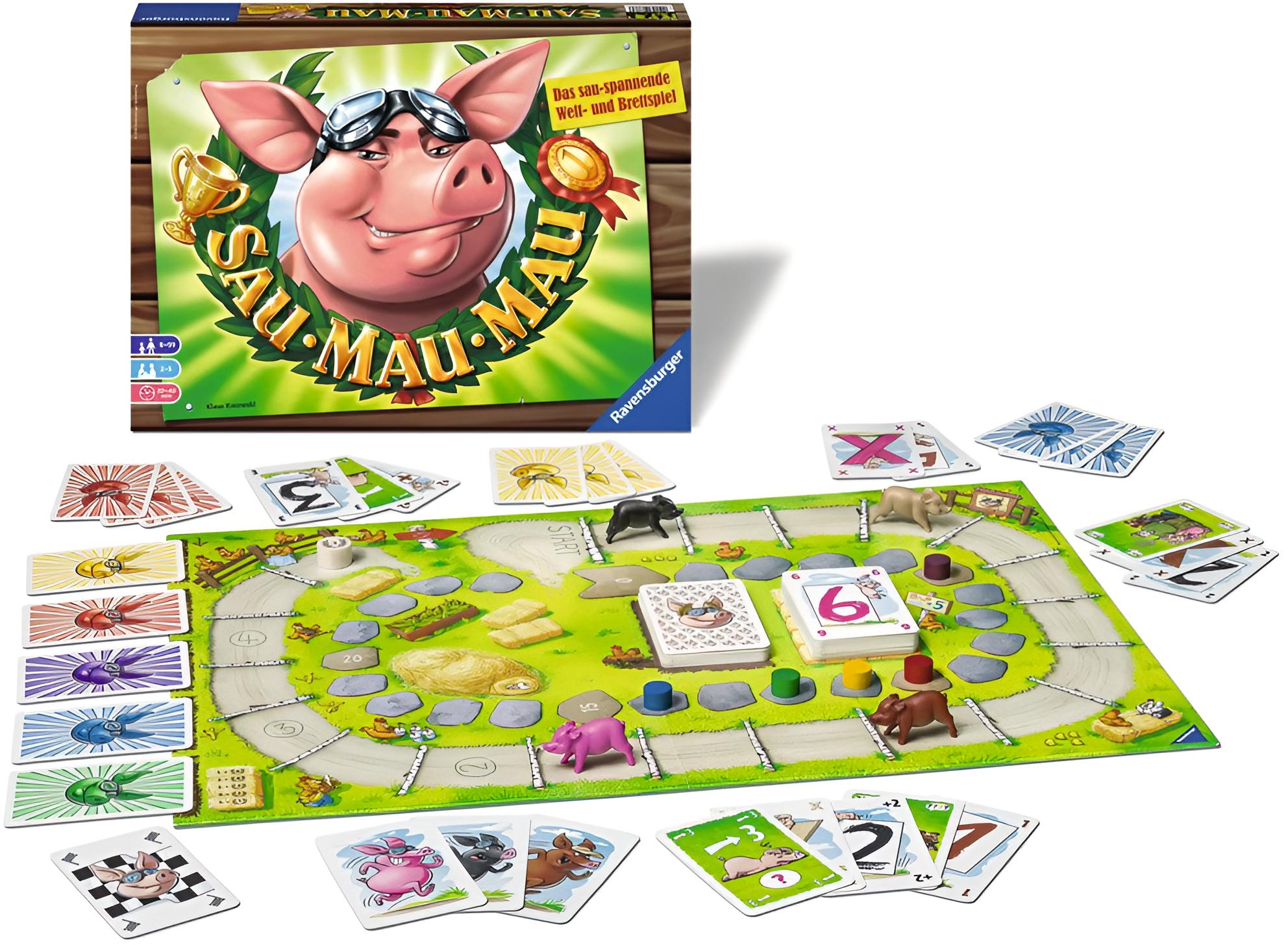 Ravensburger Sau-Miau-Mau Gesellschaftsspiel mit Spielbrett, bunten Karten und kleinen Schweinefiguren.