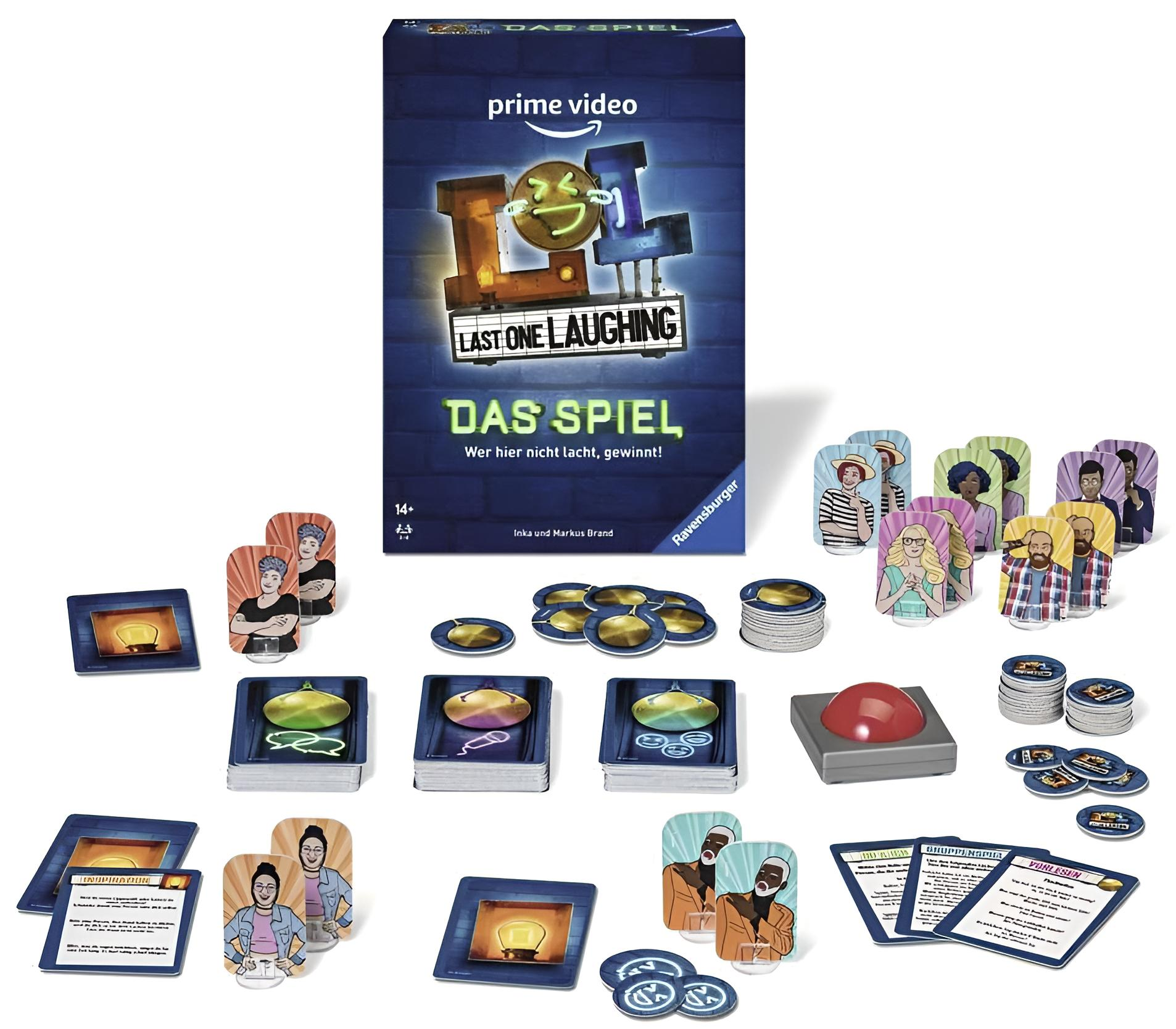 Spiel 'LOL: Last One Laughing - Das Spiel' mit Schachtel, Karten, Charakter-Figuren, Münzen und einem roten Buzzer.