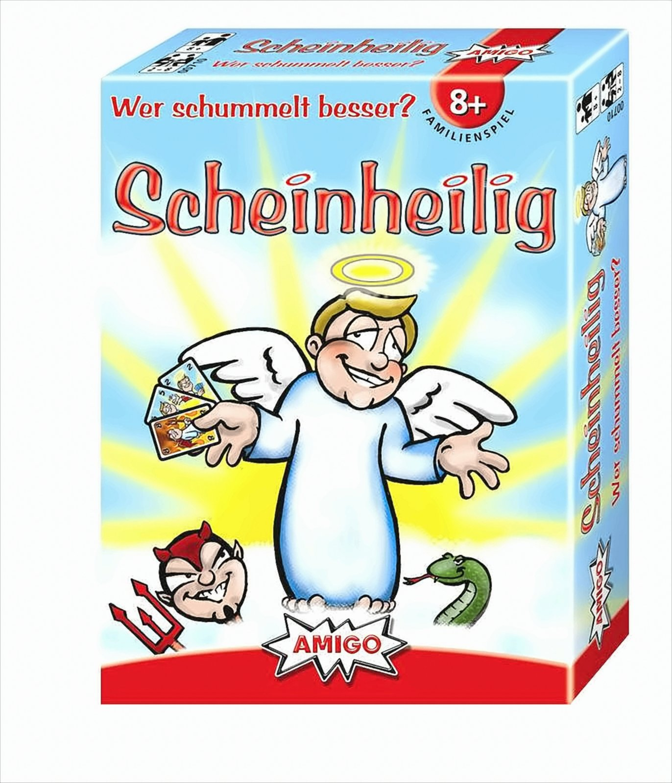 Spielverpackung von Scheinheilig mit Engelfigur, Teufelskopf und Schlange vor blauem Hintergrund.