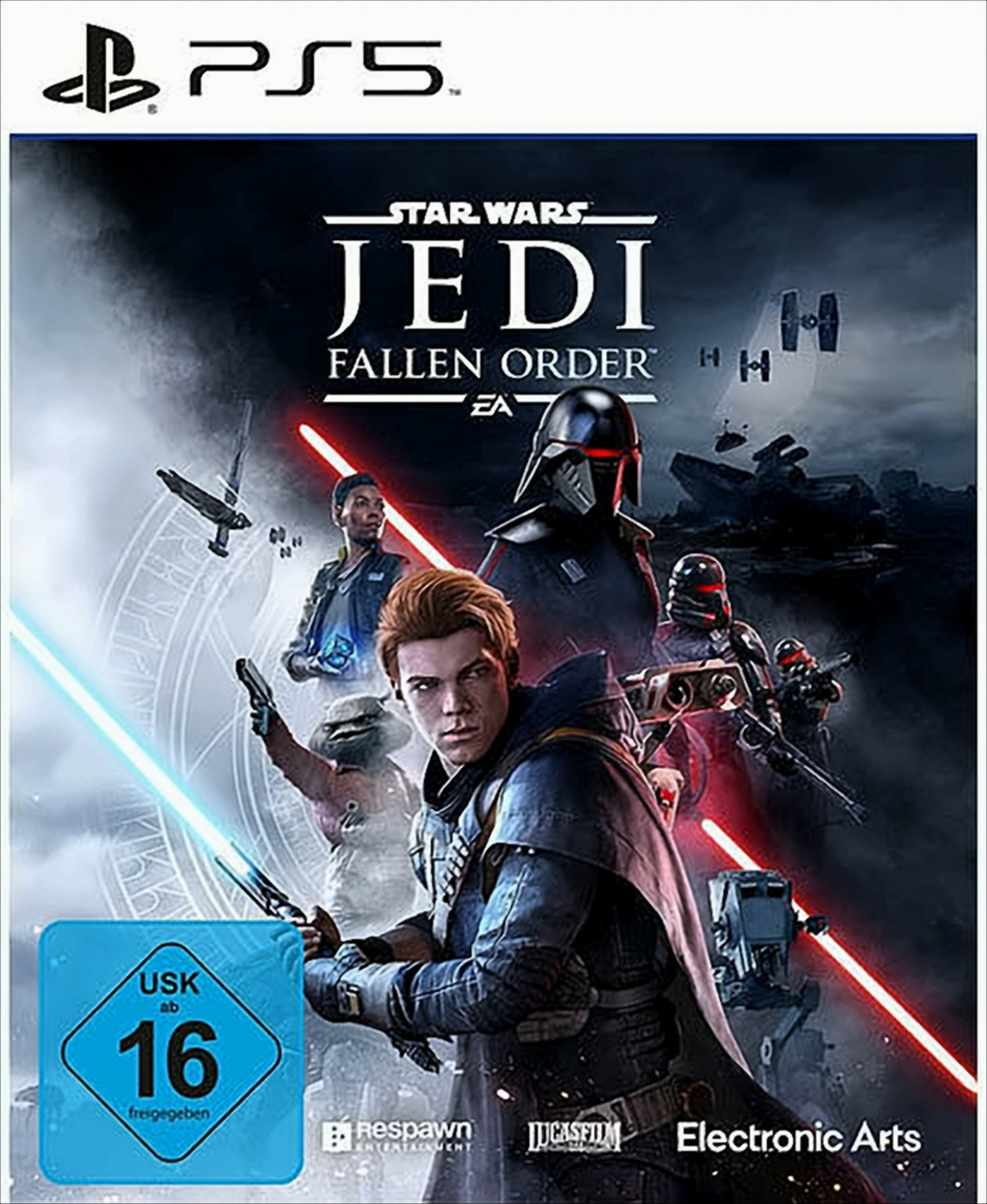 Star Wars Jedi: Fallen Order PS5-Spielcover mit Cal Kestis mit blauem Lichtschwert und dunklen Feinden.