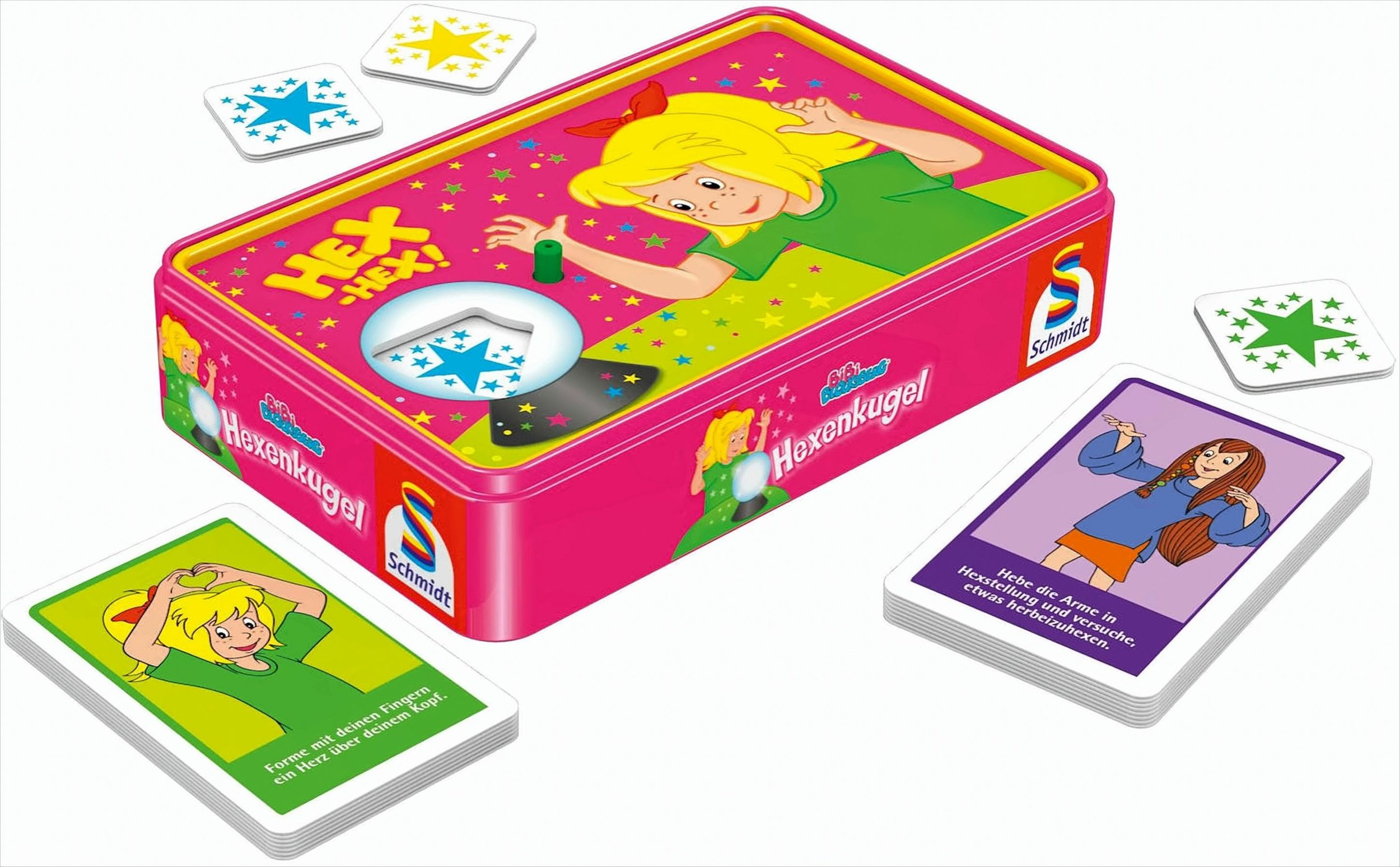 Bibi Blocksberg Hexenkugel Brettspiel in rosafarbener Metallbox mit Karten und Sternsymbolen.